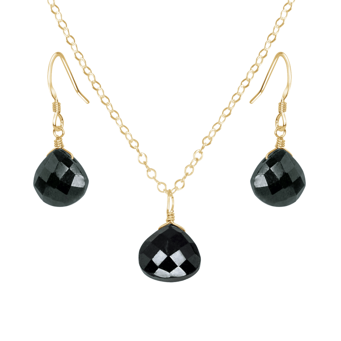 Black Tourmaline Tiny Teardrop Earrings & Necklace Set - Black Tourmaline Tiny Teardrop Earrings & Necklace Set - 14k Gold Fill / Cable - Luna Tide Handmade Crystal Jewellery