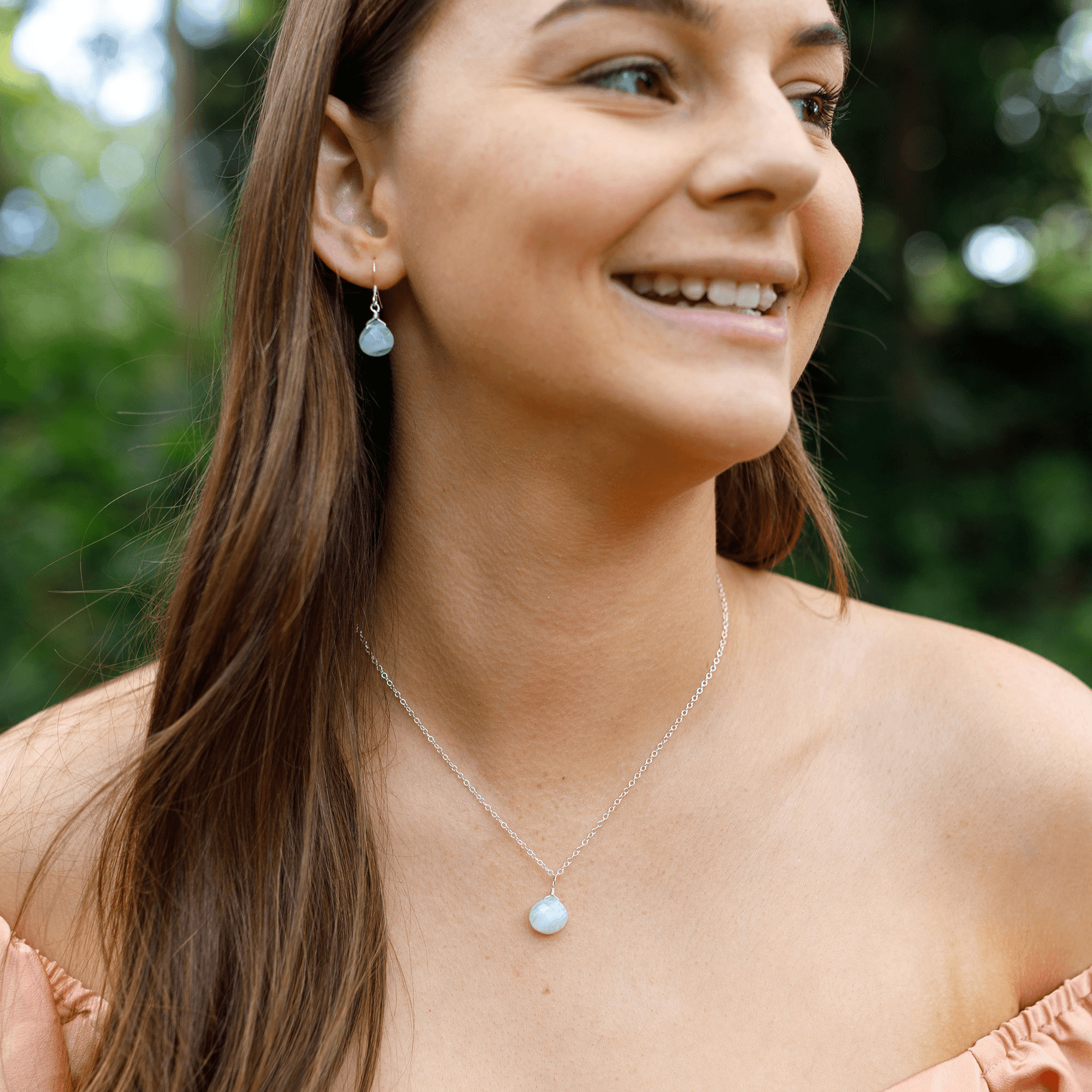 Blue Lace Agate Tiny Teardrop Earrings & Necklace Set - Blue Lace Agate Tiny Teardrop Earrings & Necklace Set - Sterling Silver / Cable - Luna Tide Handmade Crystal Jewellery