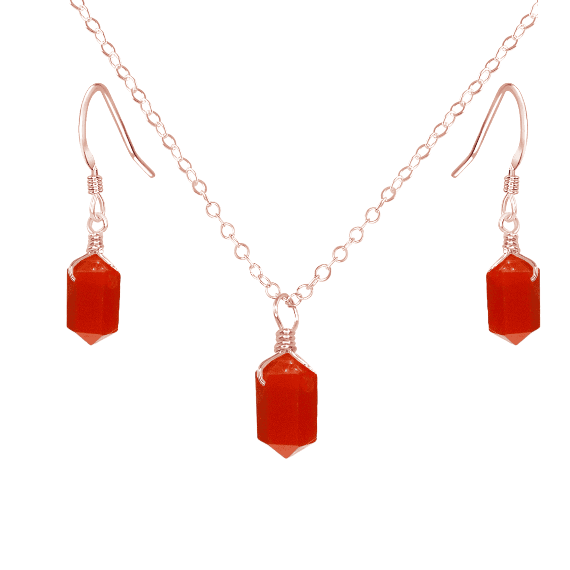 Carnelian Mini Double Terminated Crystal Point Earrings & Necklace Set - Carnelian Mini Double Terminated Crystal Point Earrings & Necklace Set - 14k Rose Gold Fill - Luna Tide Handmade Crystal Jewellery