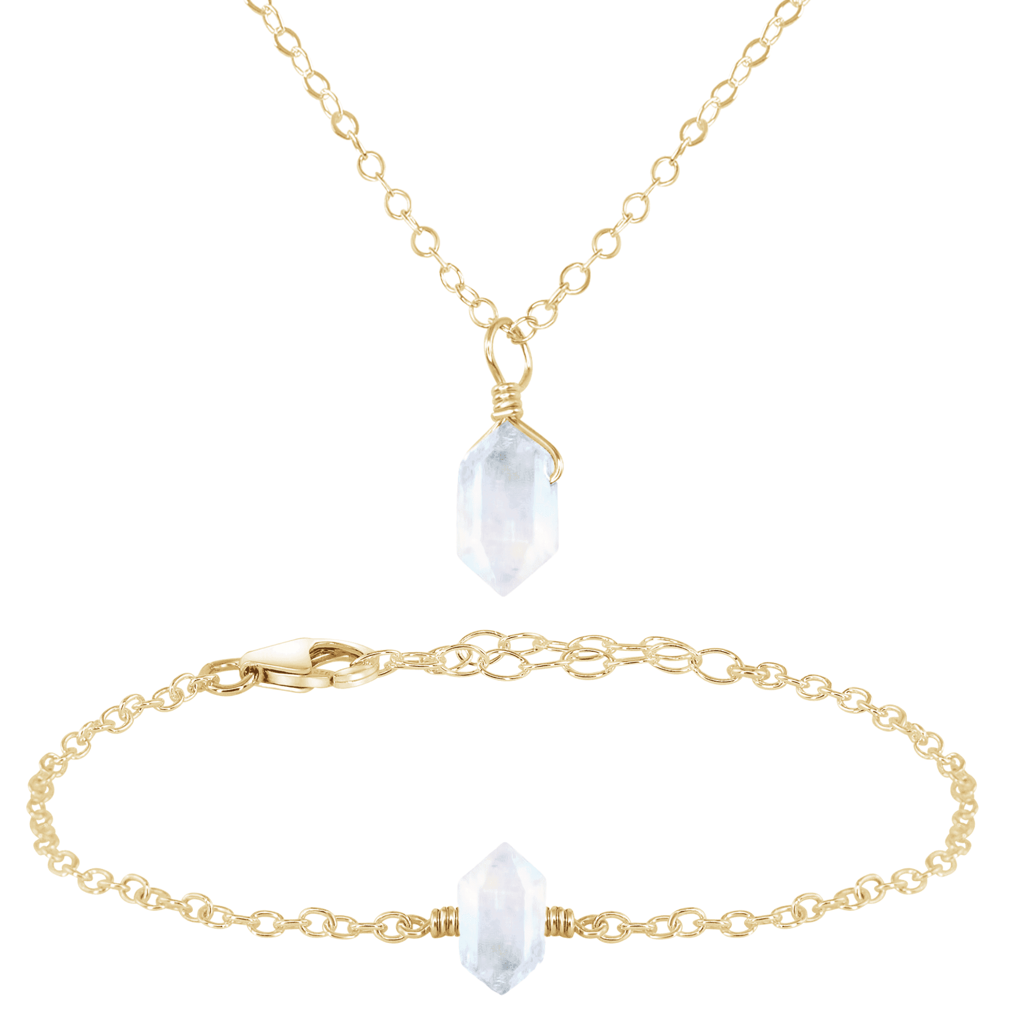 Rainbow Moonstone Double Terminated Crystal Necklace & Bracelet Set - Rainbow Moonstone Double Terminated Crystal Necklace & Bracelet Set - 14k Gold Fill - Luna Tide Handmade Crystal Jewellery