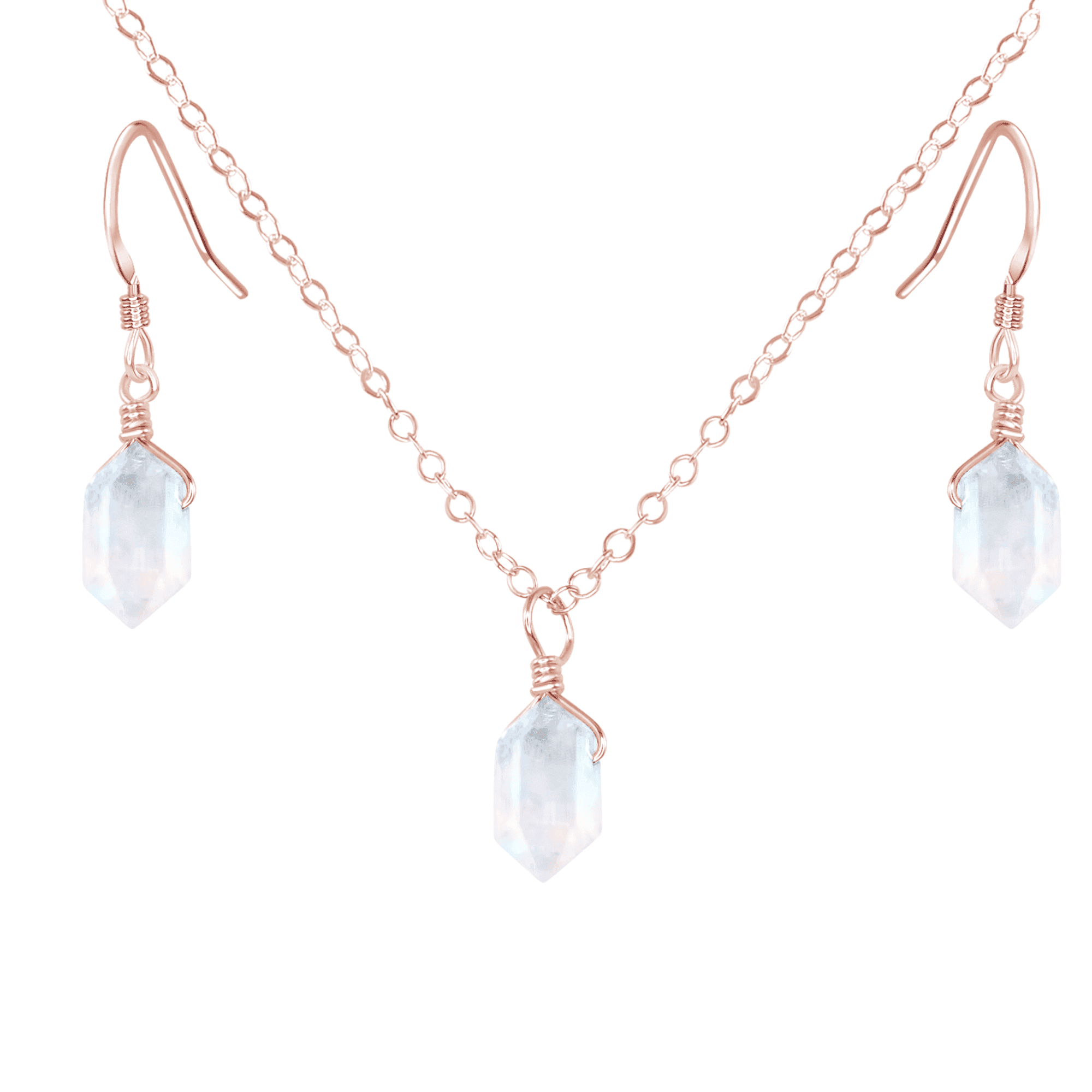 Rainbow Moonstone Mini Double Terminated Crystal Point Earrings & Necklace Set - Rainbow Moonstone Mini Double Terminated Crystal Point Earrings & Necklace Set - 14k Rose Gold Fill - Luna Tide Handmade Crystal Jewellery