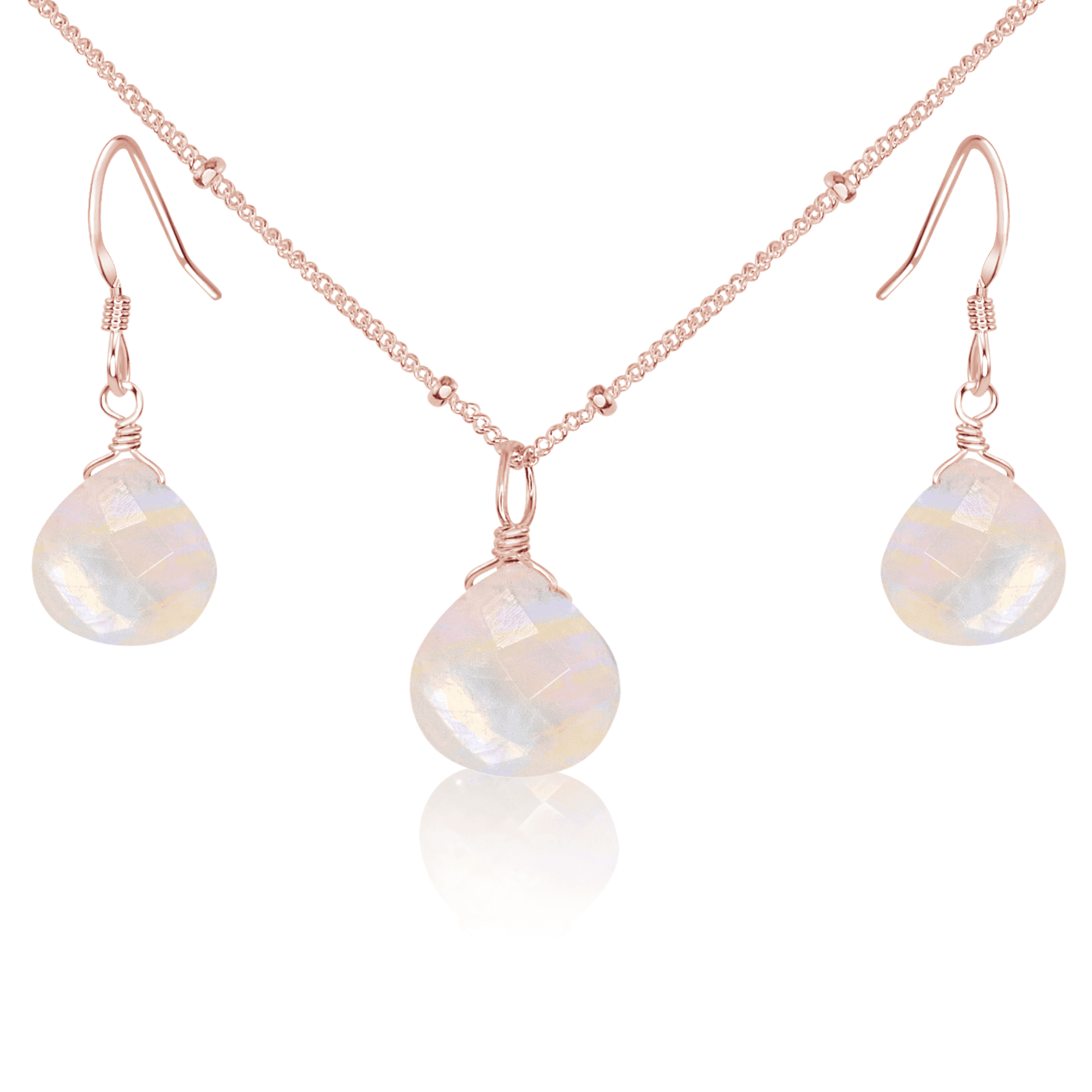 Rainbow Moonstone Tiny Teardrop Earrings & Necklace Set - Rainbow Moonstone Tiny Teardrop Earrings & Necklace Set - 14k Rose Gold Fill / Satellite - Luna Tide Handmade Crystal Jewellery
