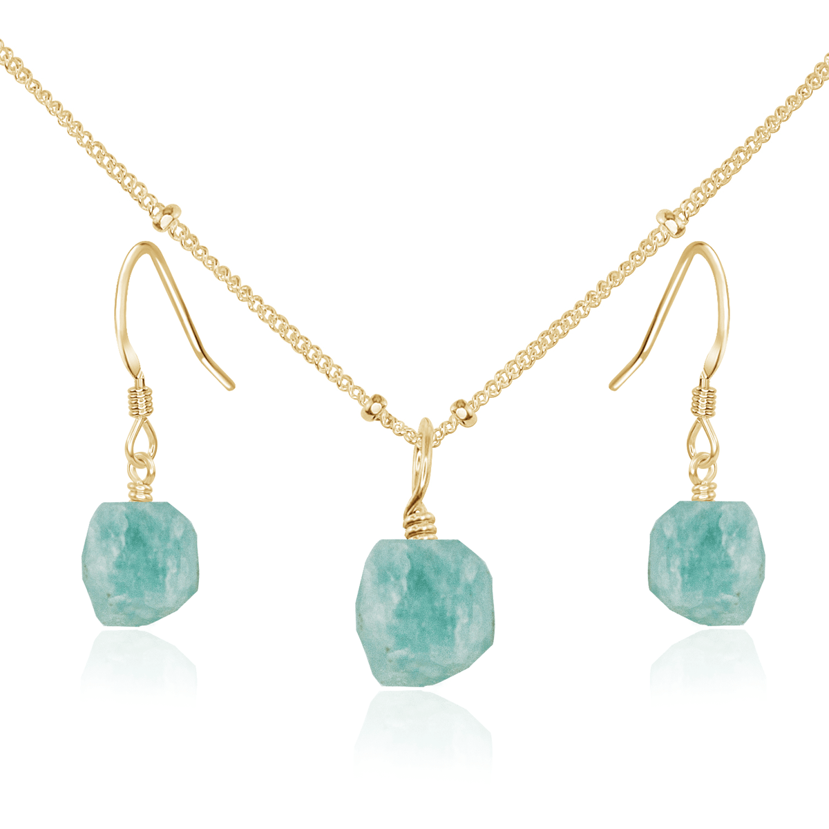 Raw Amazonite Crystal Jewellery Set - Raw Amazonite Crystal Jewellery Set - 14k Gold Fill / Satellite / Necklace & Earrings - Luna Tide Handmade Crystal Jewellery