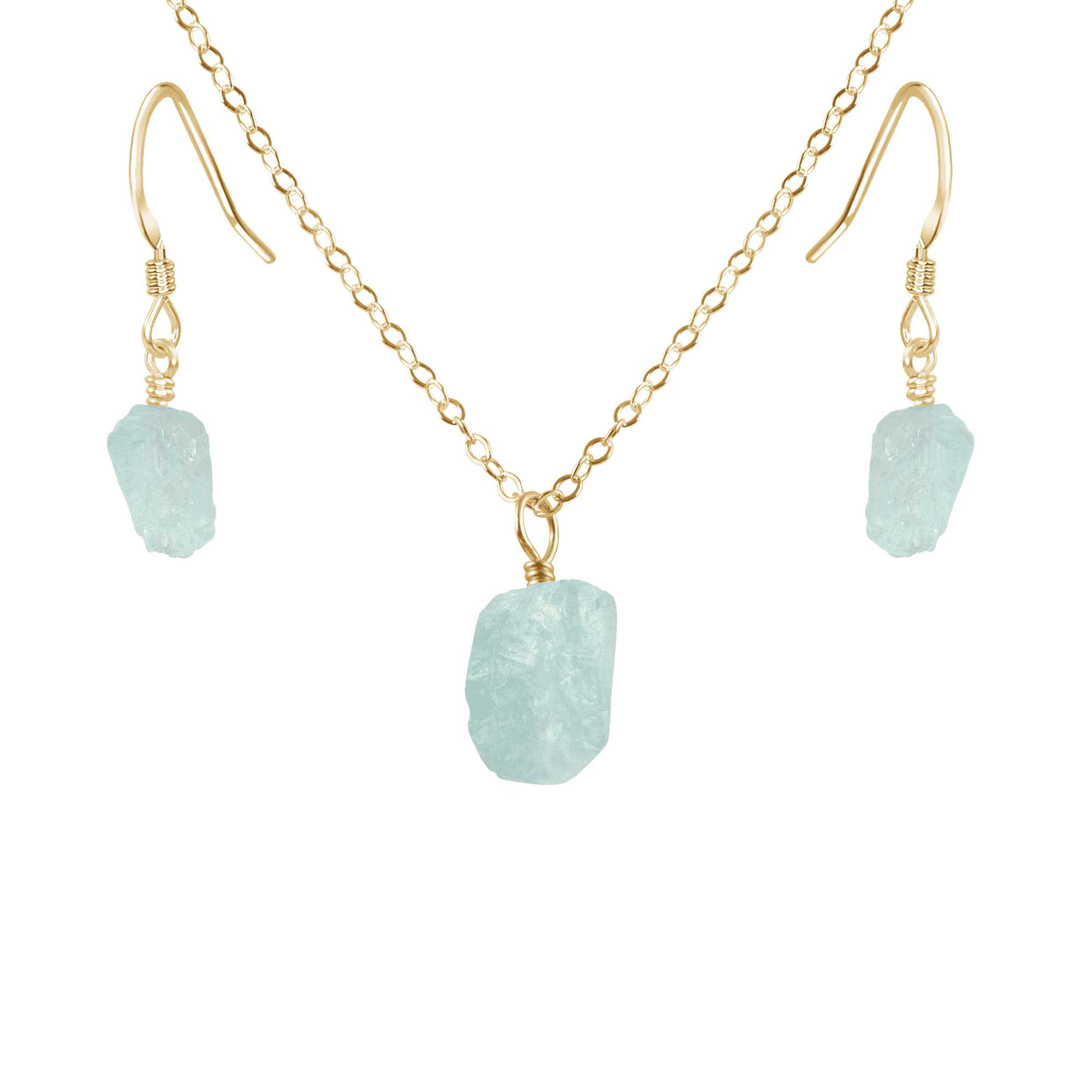 Raw Aquamarine Crystal Earrings & Necklace Set - Raw Aquamarine Crystal Earrings & Necklace Set - 14k Gold Fill / Cable - Luna Tide Handmade Crystal Jewellery