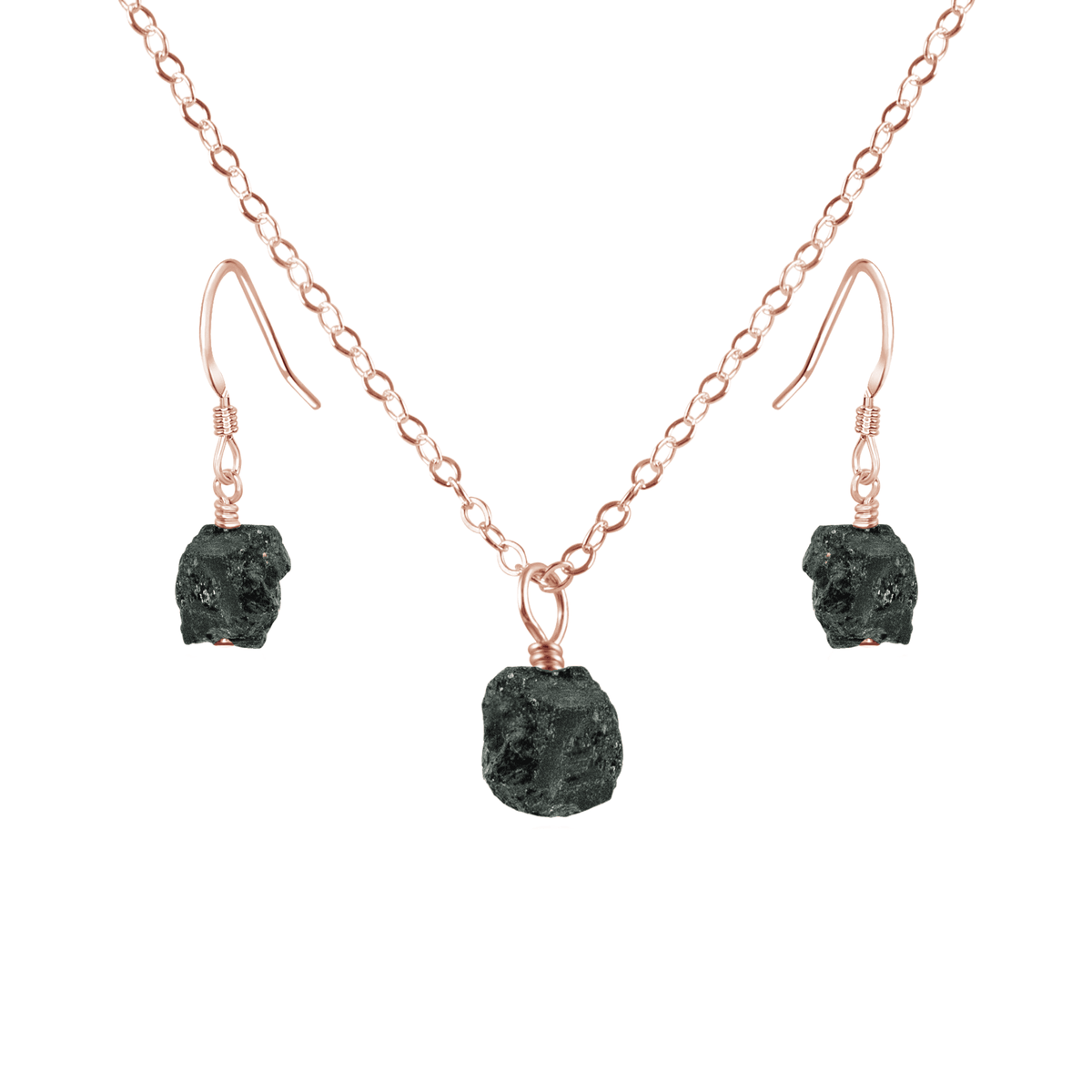 Raw Black Tourmaline Crystal Earrings & Necklace Set - Raw Black Tourmaline Crystal Earrings & Necklace Set - 14k Rose Gold Fill / Cable - Luna Tide Handmade Crystal Jewellery