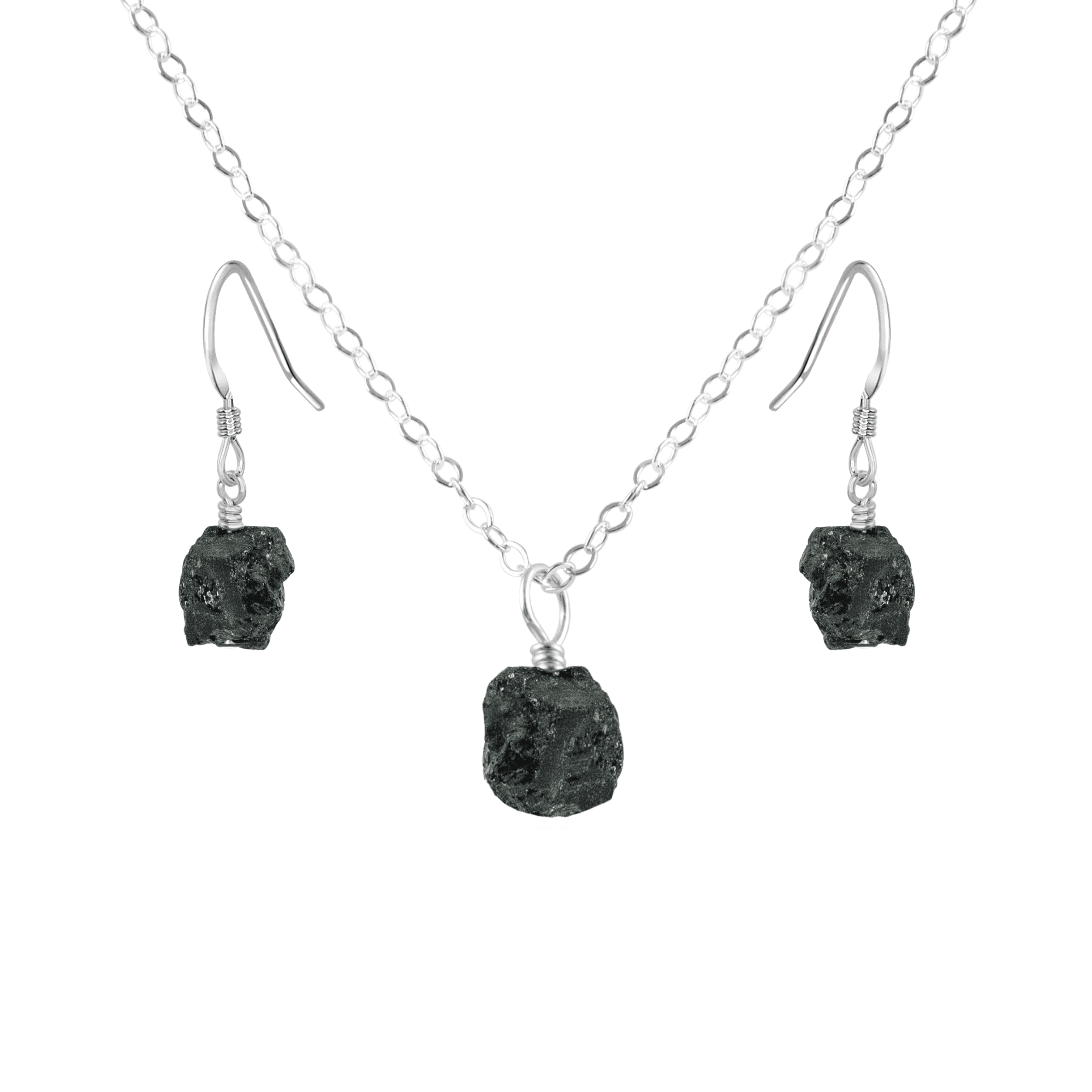 Raw Black Tourmaline Crystal Earrings & Necklace Set - Raw Black Tourmaline Crystal Earrings & Necklace Set - Sterling Silver / Cable - Luna Tide Handmade Crystal Jewellery