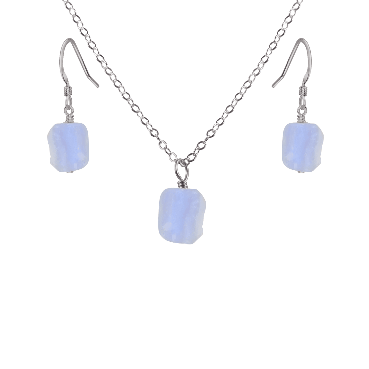 Raw Blue Lace Agate Crystal Earrings & Necklace Set - Raw Blue Lace Agate Crystal Earrings & Necklace Set - Stainless Steel / Cable - Luna Tide Handmade Crystal Jewellery