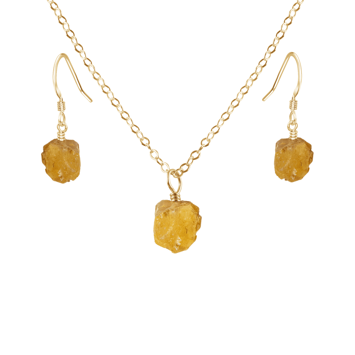 Raw Citrine Crystal Earrings & Necklace Set - Raw Citrine Crystal Earrings & Necklace Set - 14k Gold Fill / Cable - Luna Tide Handmade Crystal Jewellery