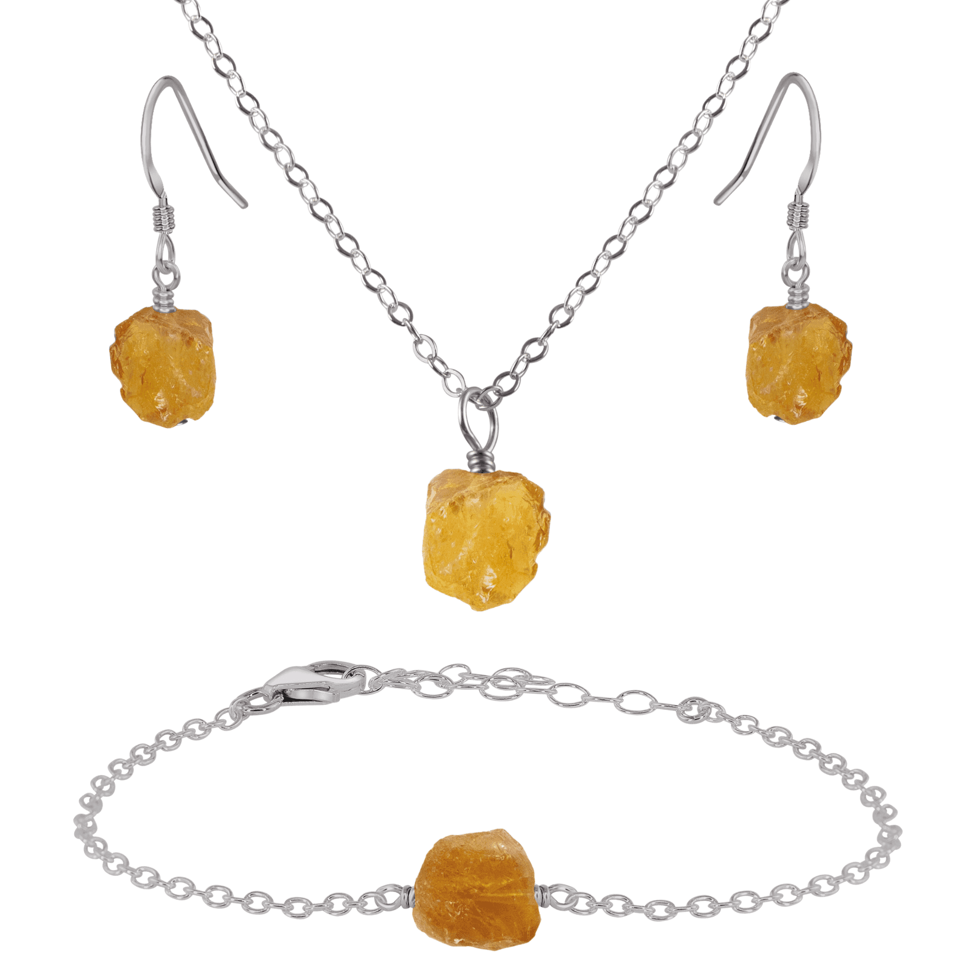 Raw Citrine Crystal Earrings, Necklace & Bracelet Set - Raw Citrine Crystal Earrings, Necklace & Bracelet Set - Stainless Steel - Luna Tide Handmade Crystal Jewellery