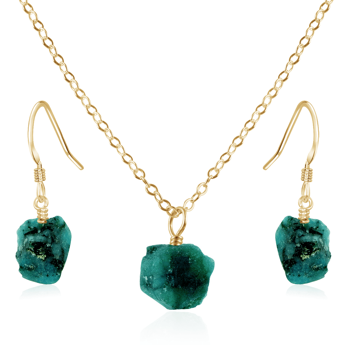 Raw Emerald Crystal Jewellery Set - Raw Emerald Crystal Jewellery Set - 14k Gold Fill / Cable / Necklace & Earrings - Luna Tide Handmade Crystal Jewellery