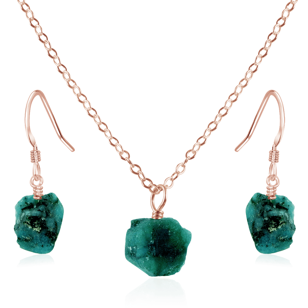 Raw Emerald Crystal Jewellery Set - Raw Emerald Crystal Jewellery Set - 14k Rose Gold Fill / Cable / Necklace & Earrings - Luna Tide Handmade Crystal Jewellery