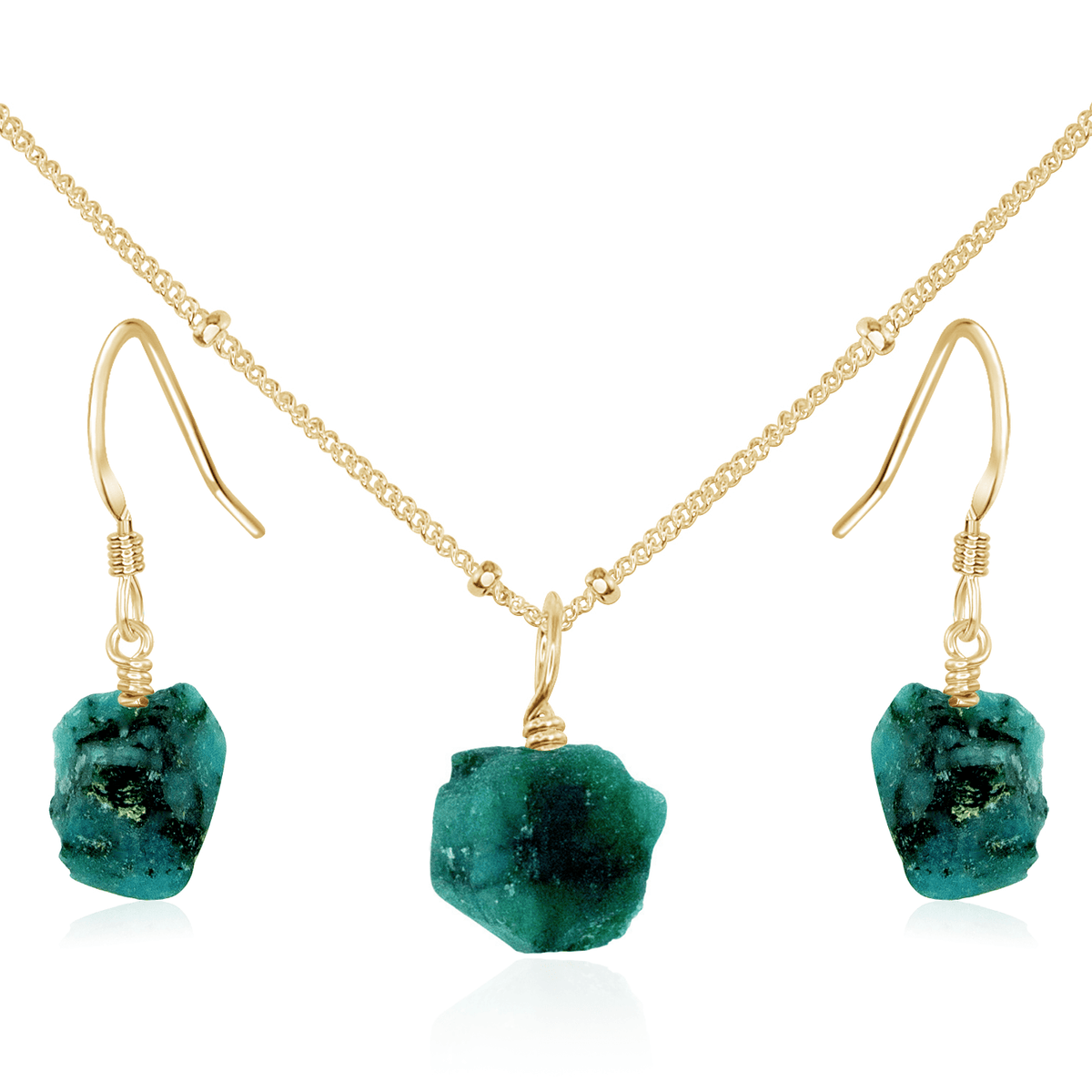 Raw Emerald Crystal Jewellery Set - Raw Emerald Crystal Jewellery Set - 14k Gold Fill / Satellite / Necklace & Earrings - Luna Tide Handmade Crystal Jewellery