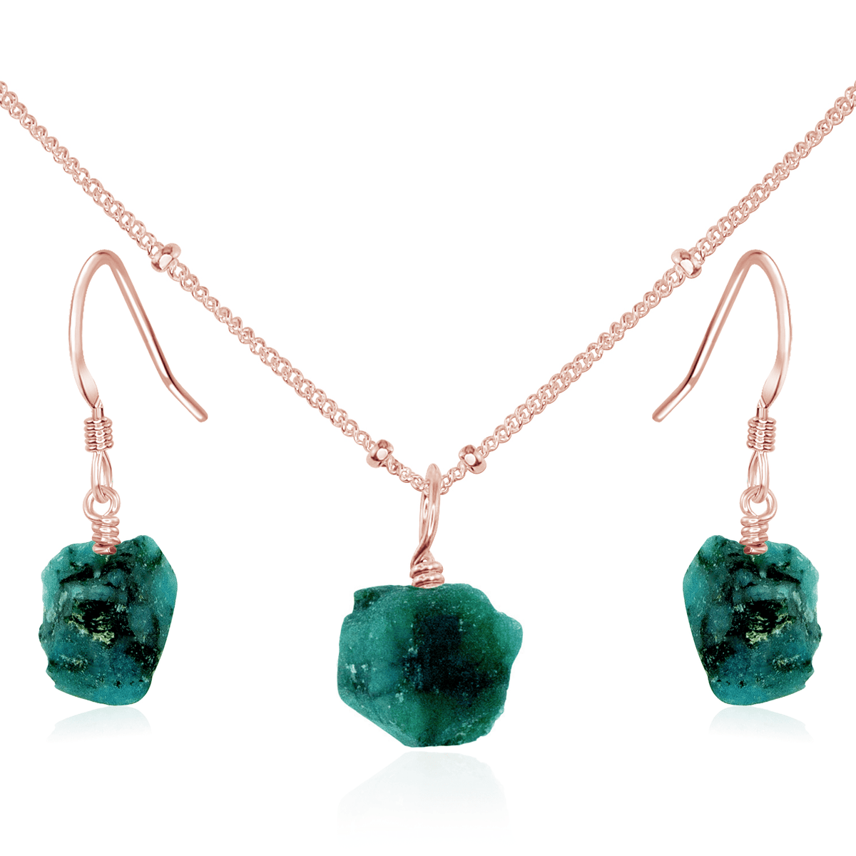 Raw Emerald Crystal Jewellery Set - Raw Emerald Crystal Jewellery Set - 14k Rose Gold Fill / Satellite / Necklace & Earrings - Luna Tide Handmade Crystal Jewellery