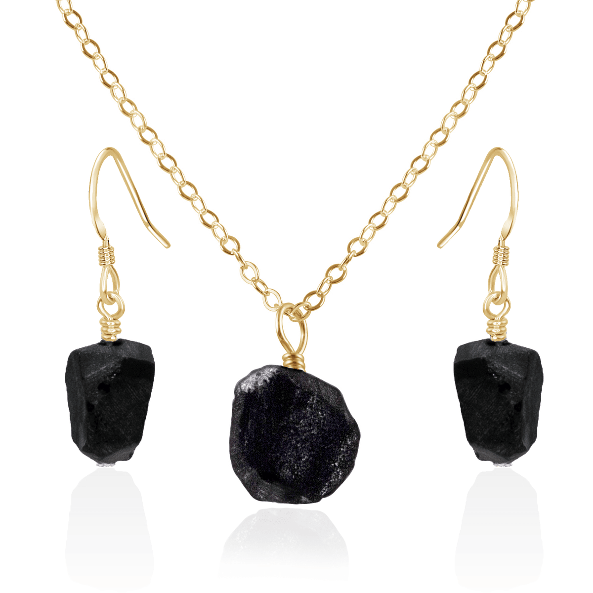 Raw Obsidian Crystal Jewellery Set - Raw Obsidian Crystal Jewellery Set - 14k Gold Fill / Cable / Necklace & Earrings - Luna Tide Handmade Crystal Jewellery