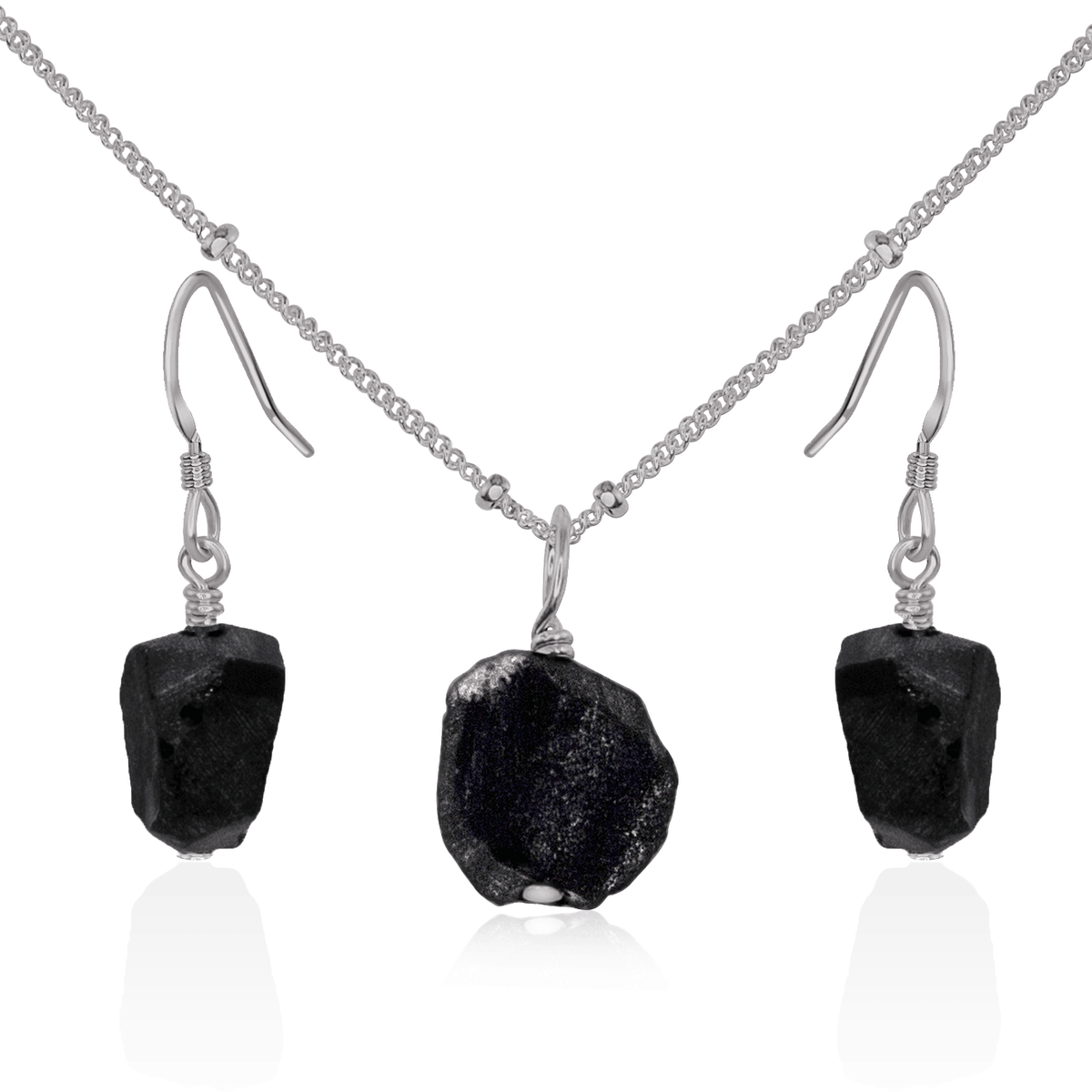 Raw Obsidian Crystal Jewellery Set - Raw Obsidian Crystal Jewellery Set - Stainless Steel / Satellite / Necklace & Earrings - Luna Tide Handmade Crystal Jewellery
