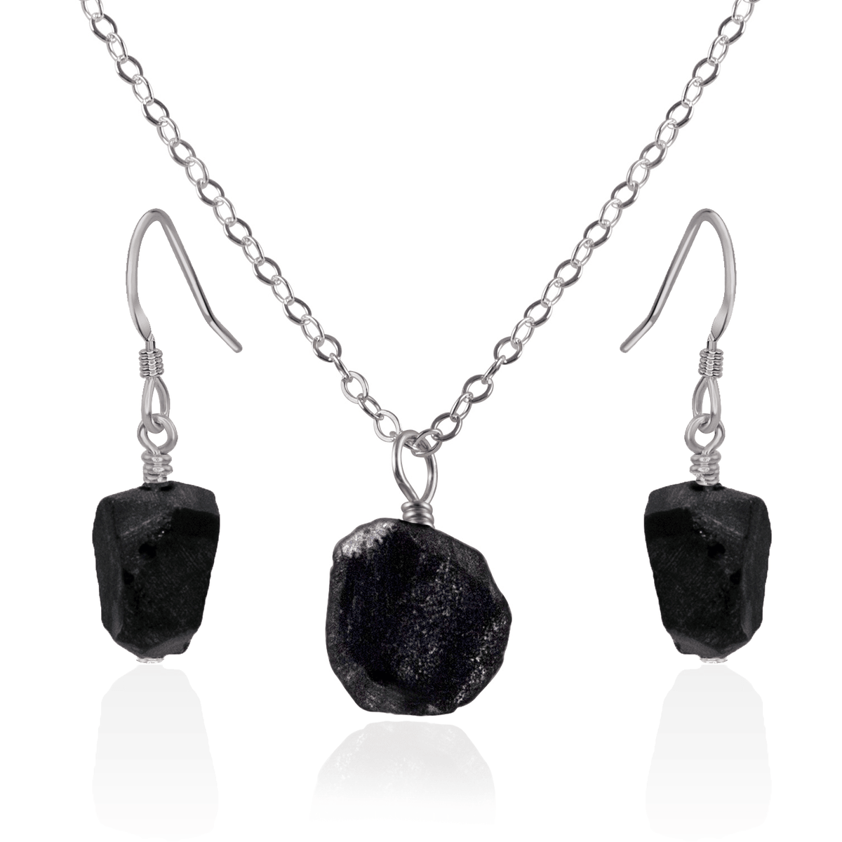 Raw Obsidian Crystal Jewellery Set - Raw Obsidian Crystal Jewellery Set - Stainless Steel / Cable / Necklace & Earrings - Luna Tide Handmade Crystal Jewellery