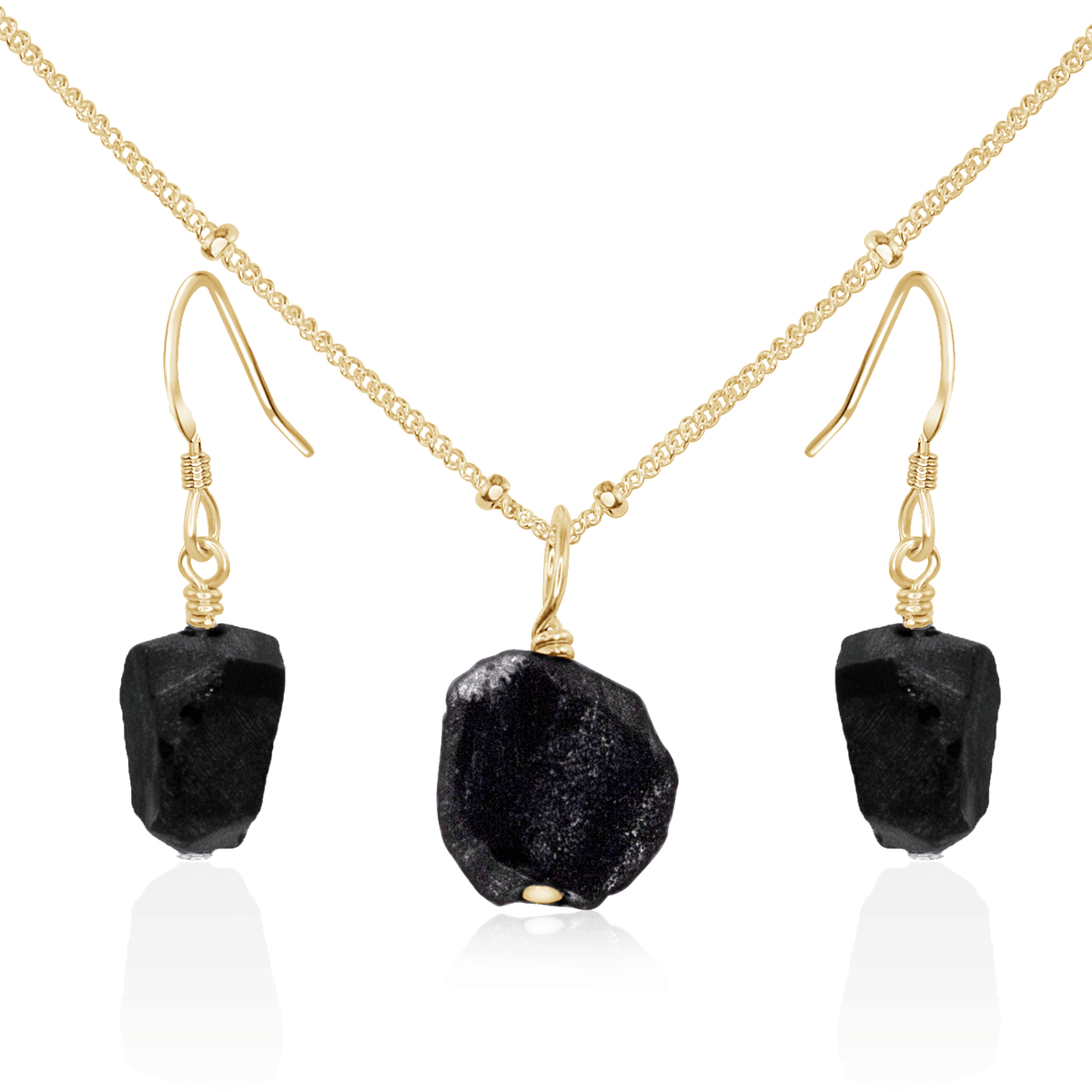 Raw Obsidian Crystal Jewellery Set - Raw Obsidian Crystal Jewellery Set - 14k Gold Fill / Satellite / Necklace & Earrings - Luna Tide Handmade Crystal Jewellery