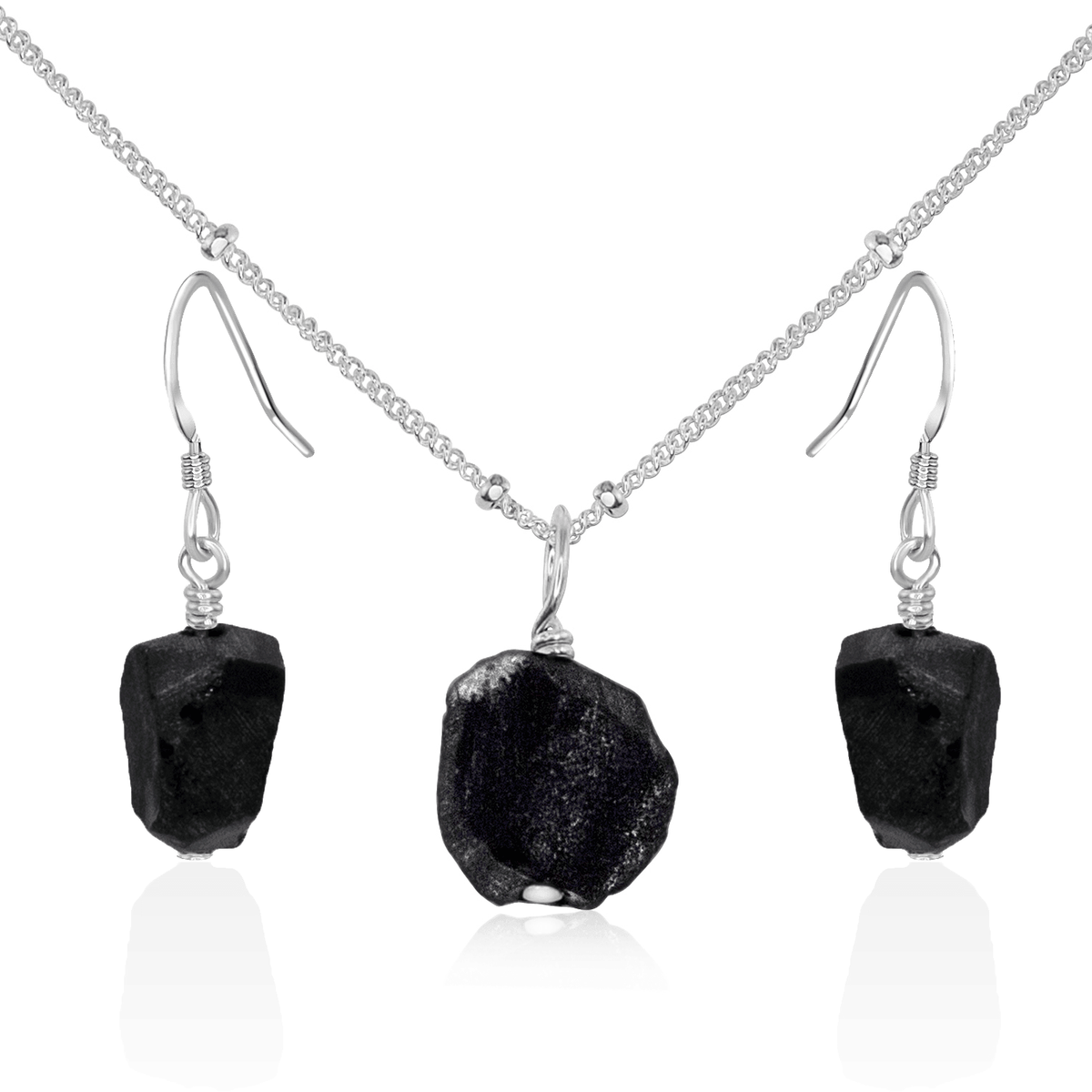 Raw Obsidian Crystal Jewellery Set - Raw Obsidian Crystal Jewellery Set - Sterling Silver / Satellite / Necklace & Earrings - Luna Tide Handmade Crystal Jewellery