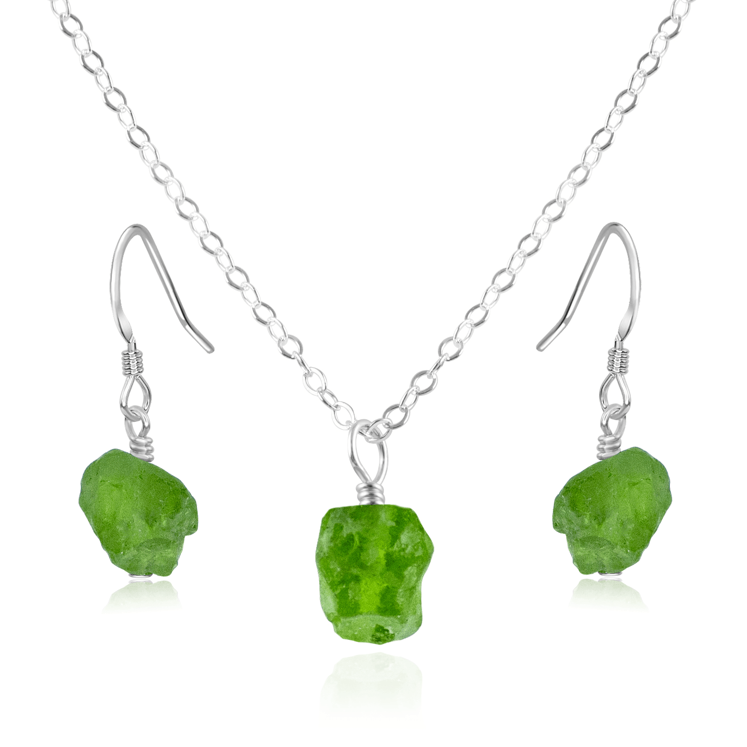 Raw Peridot Crystal Jewellery Set - Raw Peridot Crystal Jewellery Set - Sterling Silver / Cable / Necklace & Earrings - Luna Tide Handmade Crystal Jewellery