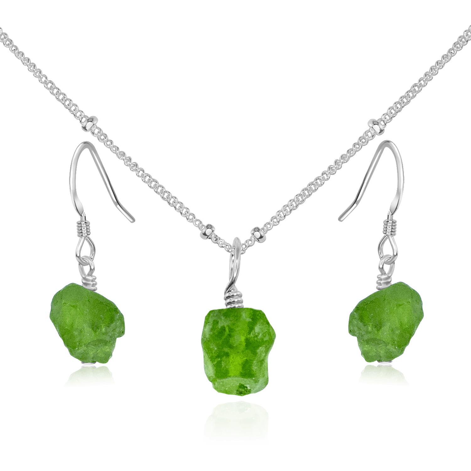 Raw Peridot Crystal Jewellery Set - Raw Peridot Crystal Jewellery Set - Sterling Silver / Satellite / Necklace & Earrings - Luna Tide Handmade Crystal Jewellery