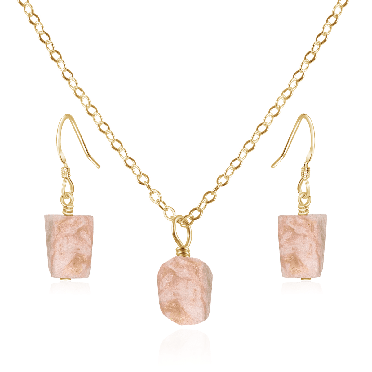 Raw Pink Peruvian Opal Crystal Jewellery Set - Raw Pink Peruvian Opal Crystal Jewellery Set - 14k Gold Fill / Cable / Necklace & Earrings - Luna Tide Handmade Crystal Jewellery
