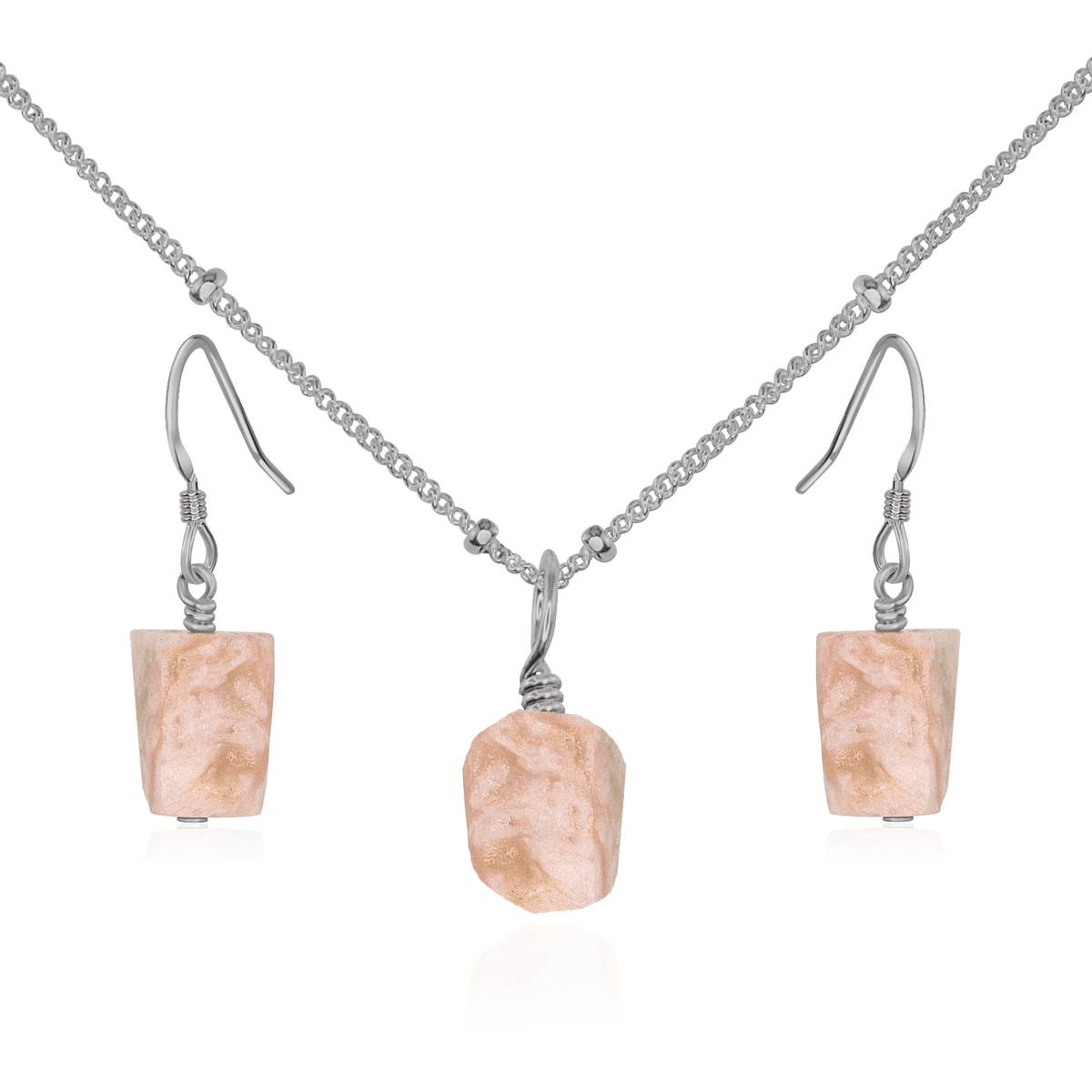 Raw Pink Peruvian Opal Crystal Jewellery Set - Raw Pink Peruvian Opal Crystal Jewellery Set - Stainless Steel / Satellite / Necklace & Earrings - Luna Tide Handmade Crystal Jewellery