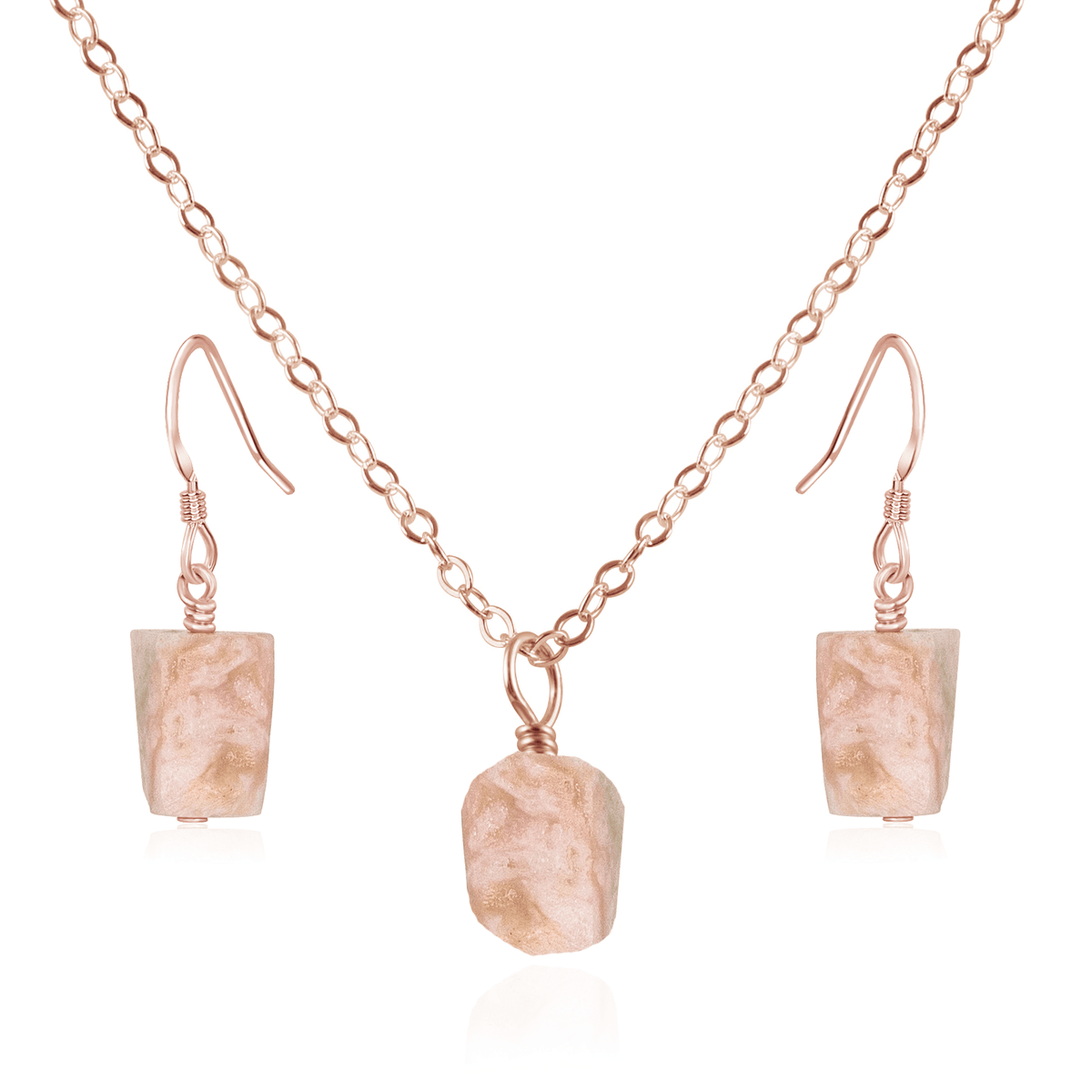 Raw Pink Peruvian Opal Crystal Jewellery Set - Raw Pink Peruvian Opal Crystal Jewellery Set - 14k Rose Gold Fill / Cable / Necklace & Earrings - Luna Tide Handmade Crystal Jewellery