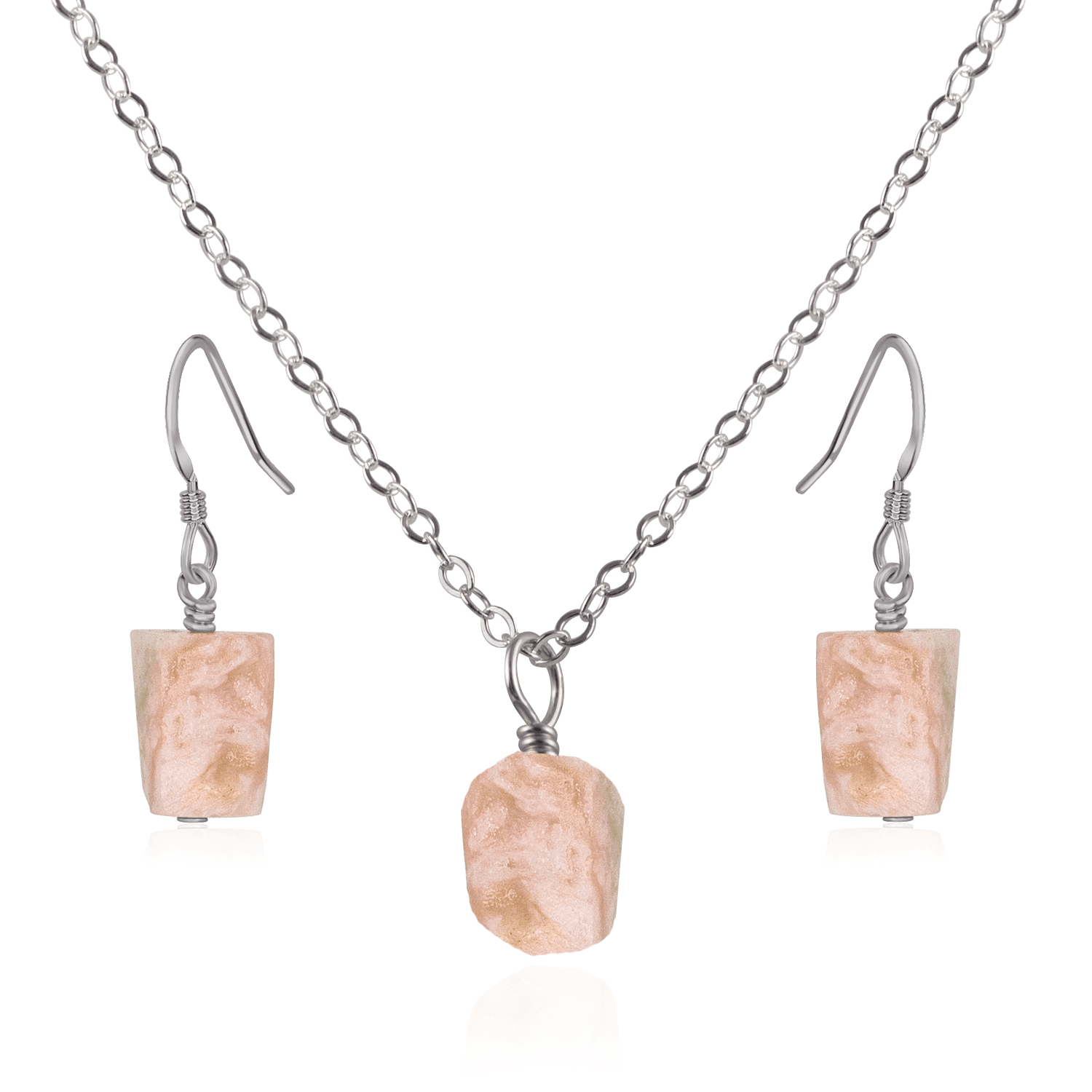 Raw Pink Peruvian Opal Crystal Jewellery Set - Raw Pink Peruvian Opal Crystal Jewellery Set - Stainless Steel / Cable / Necklace & Earrings - Luna Tide Handmade Crystal Jewellery