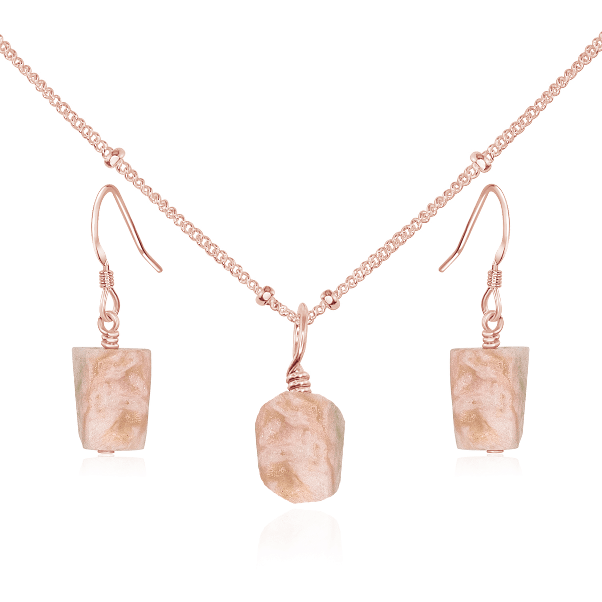 Raw Pink Peruvian Opal Crystal Jewellery Set - Raw Pink Peruvian Opal Crystal Jewellery Set - 14k Rose Gold Fill / Satellite / Necklace & Earrings - Luna Tide Handmade Crystal Jewellery