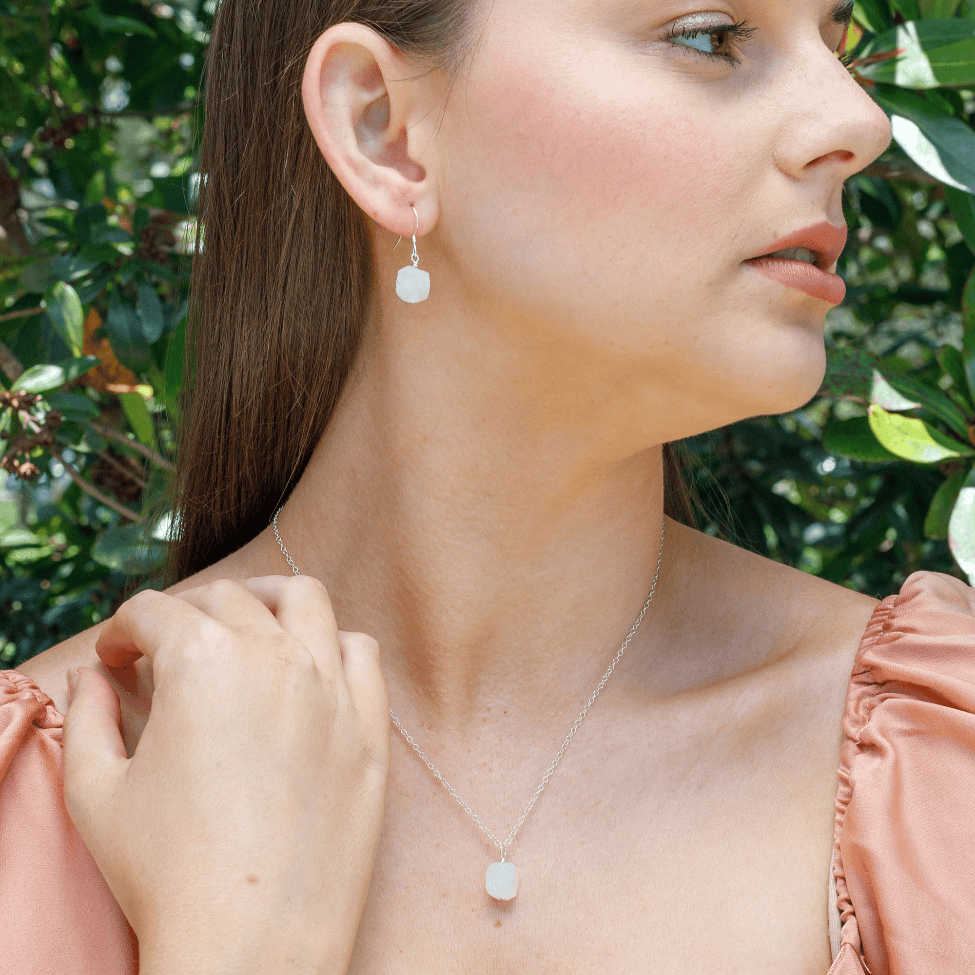 Raw Rainbow Moonstone Crystal Earrings & Necklace Set - Raw Rainbow Moonstone Crystal Earrings & Necklace Set - Sterling Silver / Cable - Luna Tide Handmade Crystal Jewellery