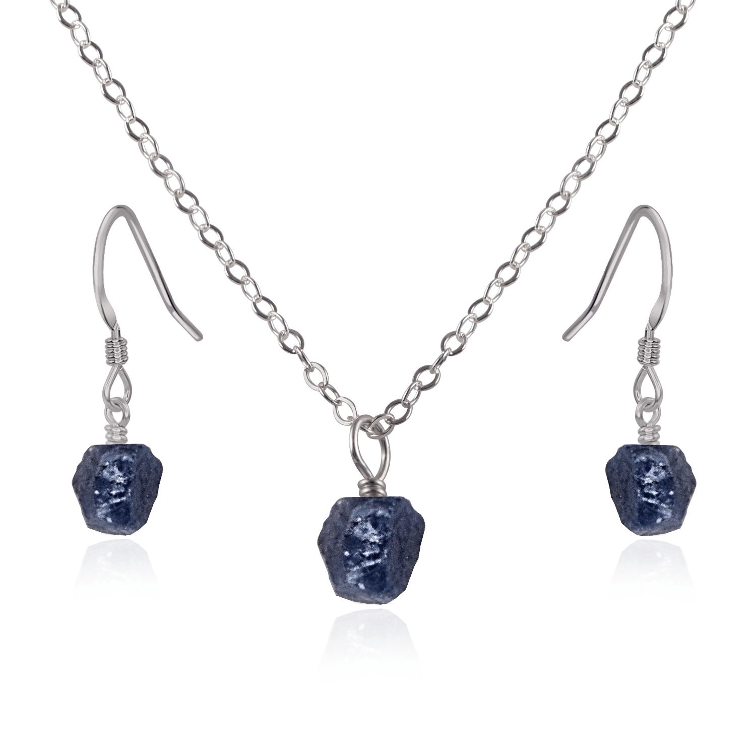 Raw Sapphire Crystal Jewellery Set - Raw Sapphire Crystal Jewellery Set - Stainless Steel / Cable / Necklace & Earrings - Luna Tide Handmade Crystal Jewellery