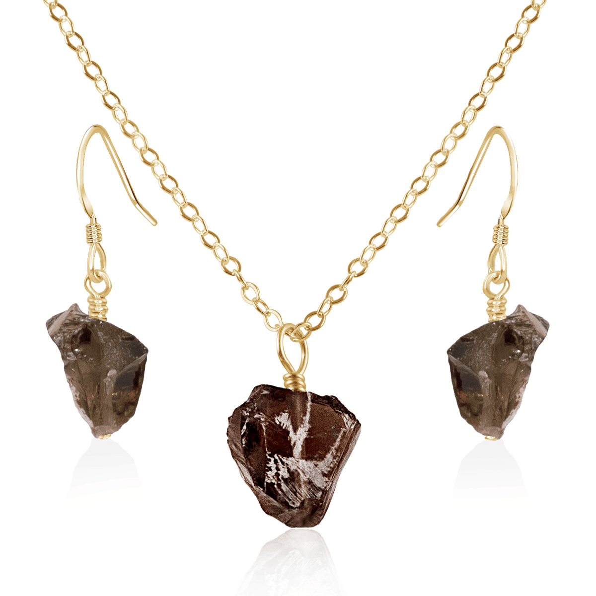 Raw Smoky Quartz Crystal Jewellery Set - Raw Smoky Quartz Crystal Jewellery Set - 14k Gold Fill / Cable / Necklace & Earrings - Luna Tide Handmade Crystal Jewellery