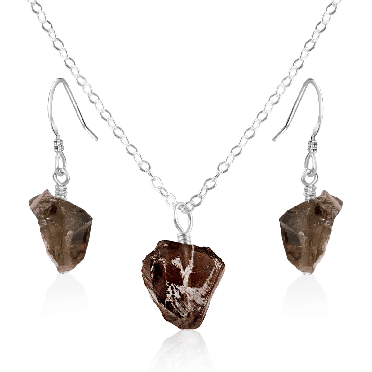 Raw Smoky Quartz Crystal Jewellery Set - Raw Smoky Quartz Crystal Jewellery Set - Sterling Silver / Cable / Necklace & Earrings - Luna Tide Handmade Crystal Jewellery