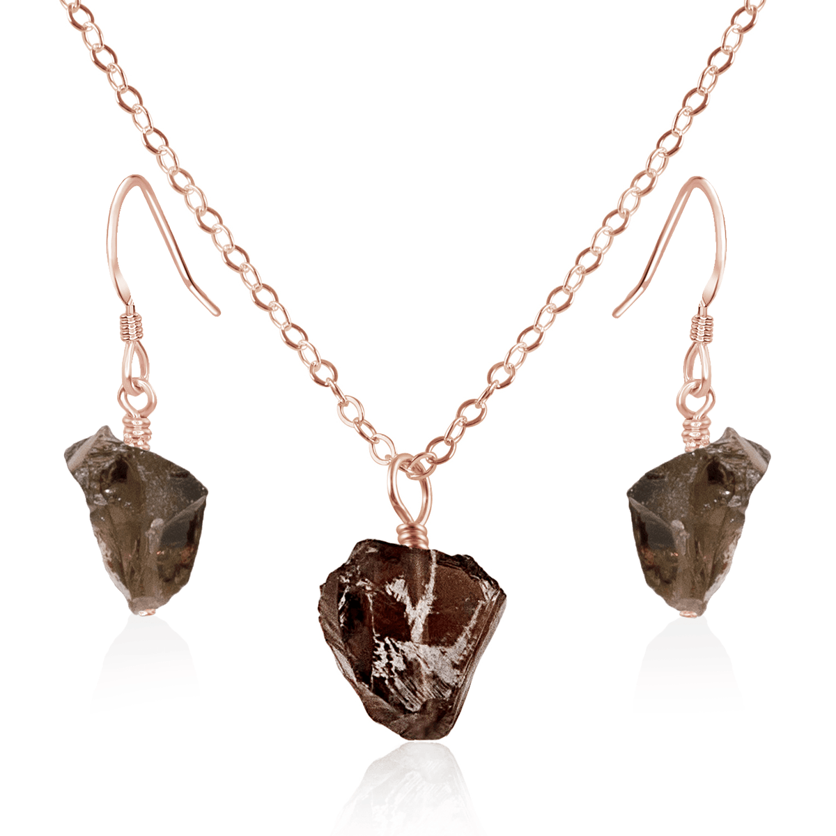 Raw Smoky Quartz Crystal Jewellery Set - Raw Smoky Quartz Crystal Jewellery Set - 14k Rose Gold Fill / Cable / Necklace & Earrings - Luna Tide Handmade Crystal Jewellery