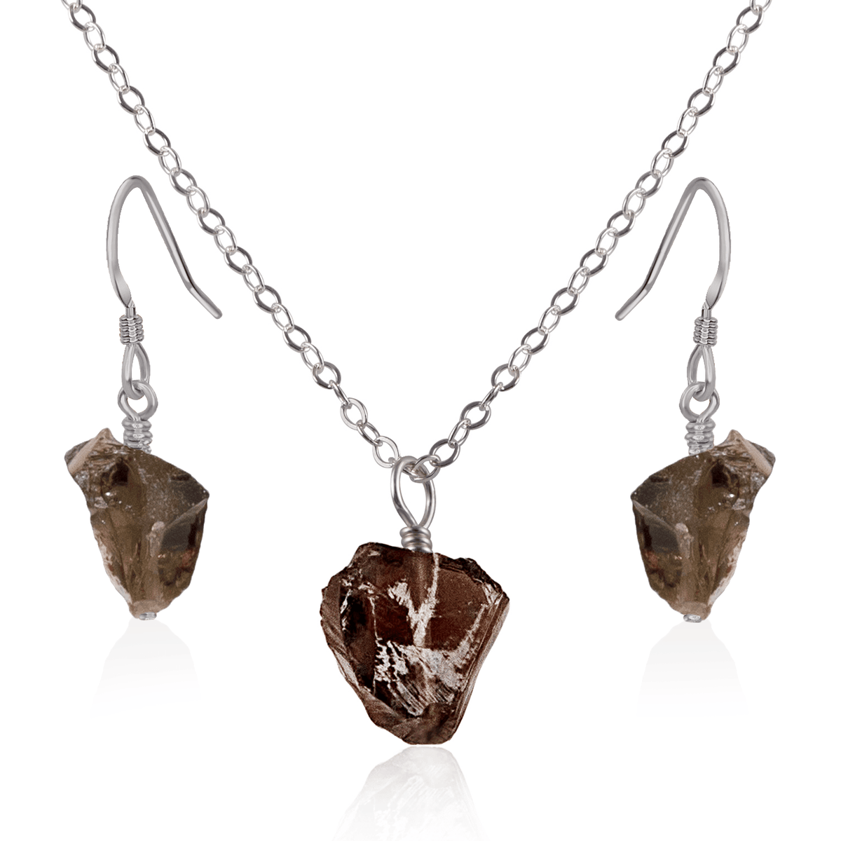 Raw Smoky Quartz Crystal Jewellery Set - Raw Smoky Quartz Crystal Jewellery Set - Stainless Steel / Cable / Necklace & Earrings - Luna Tide Handmade Crystal Jewellery