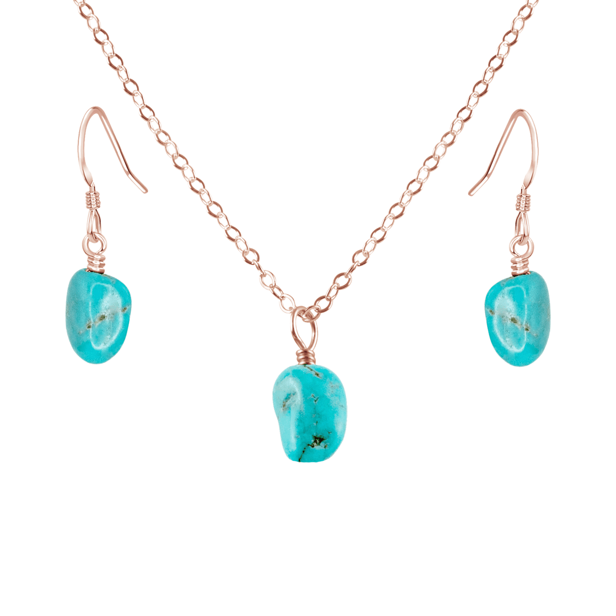 Raw Turquoise Crystal Earrings & Necklace Set - Raw Turquoise Crystal Earrings & Necklace Set - 14k Rose Gold Fill / Cable - Luna Tide Handmade Crystal Jewellery