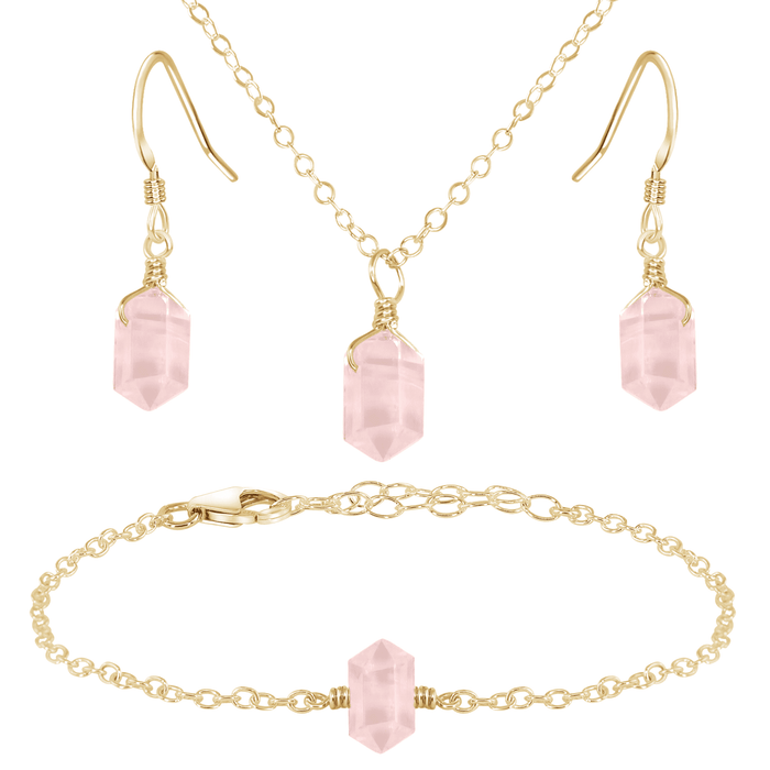 Rose Quartz Double Terminated Crystal Earrings, Necklace & Bracelet Set - Rose Quartz Double Terminated Crystal Earrings, Necklace & Bracelet Set - 14k Gold Fill - Luna Tide Handmade Crystal Jewellery