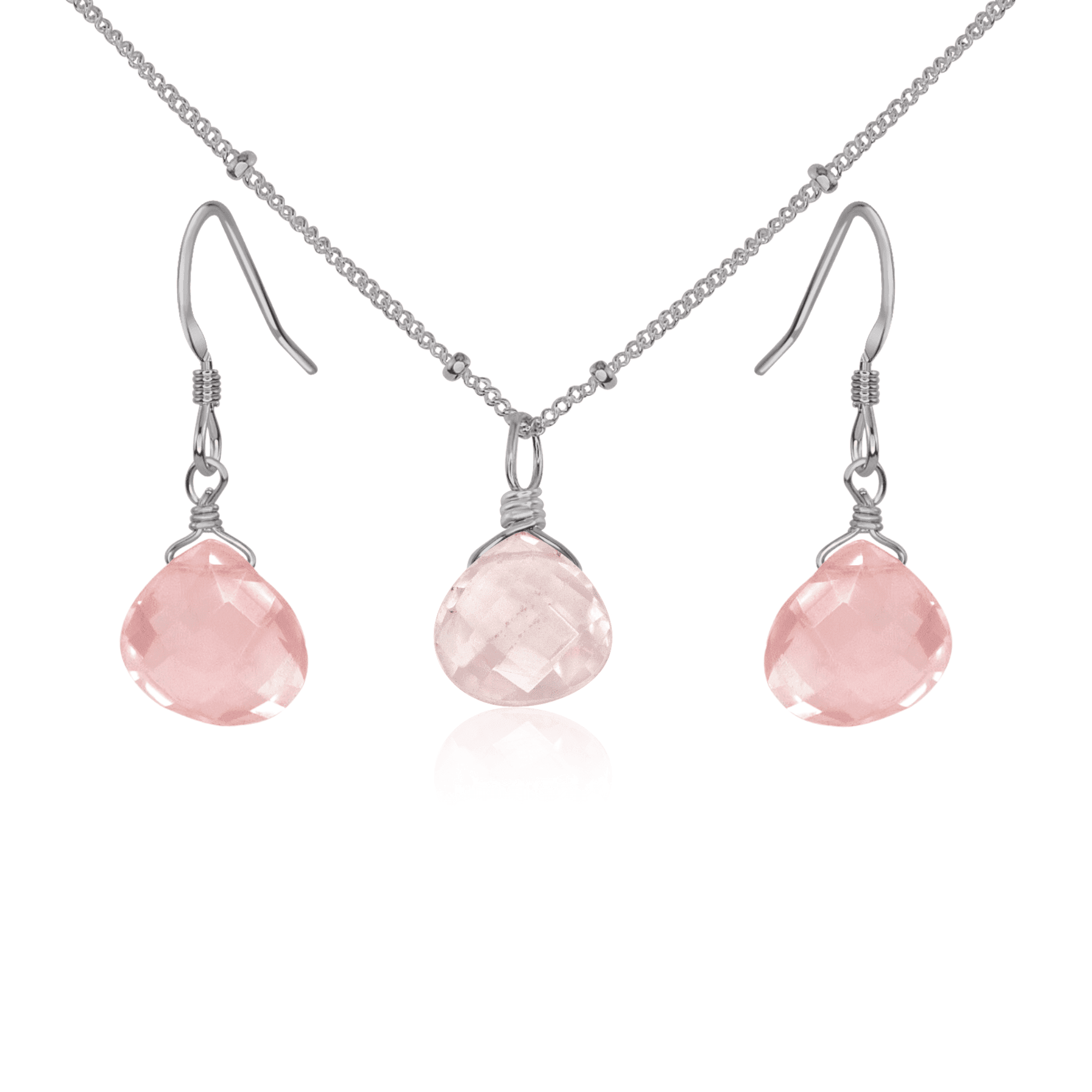 Rose Quartz Tiny Teardrop Earrings & Necklace Set - Rose Quartz Tiny Teardrop Earrings & Necklace Set - Stainless Steel / Satellite - Luna Tide Handmade Crystal Jewellery