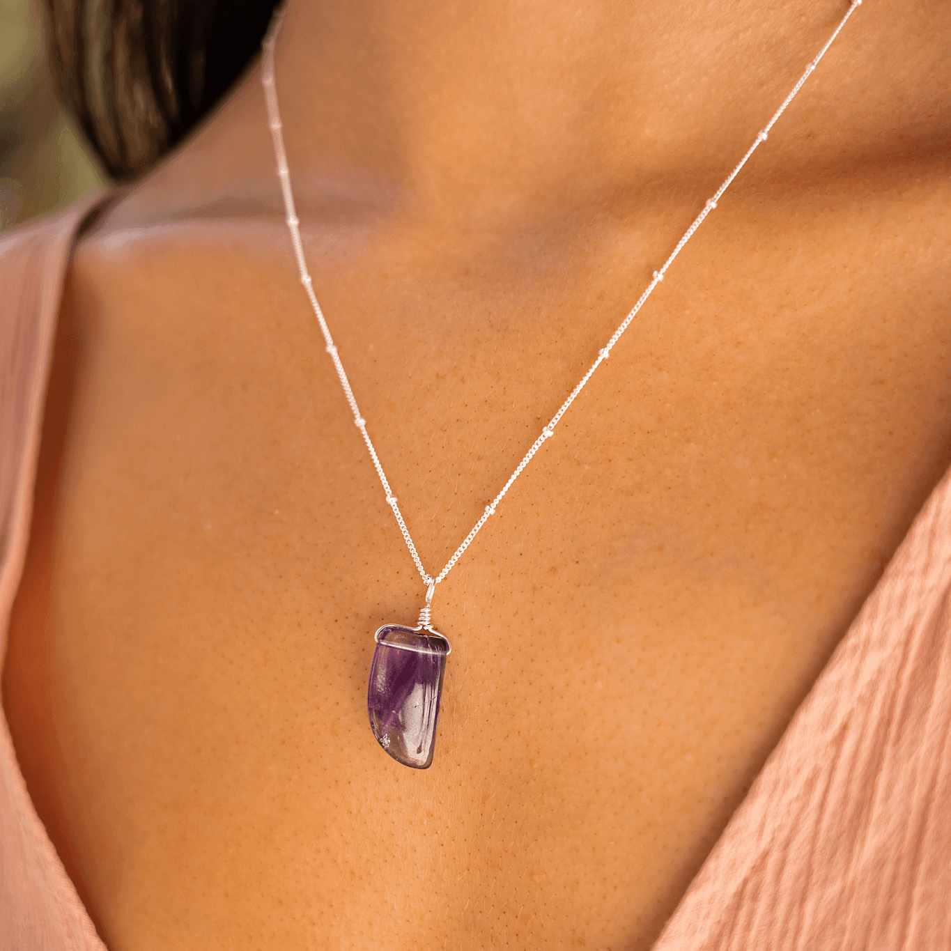 Small Smooth Amethyst Gentle Point Crystal Pendant Necklace - Small Smooth Amethyst Gentle Point Crystal Pendant Necklace - Sterling Silver / Cable - Luna Tide Handmade Crystal Jewellery