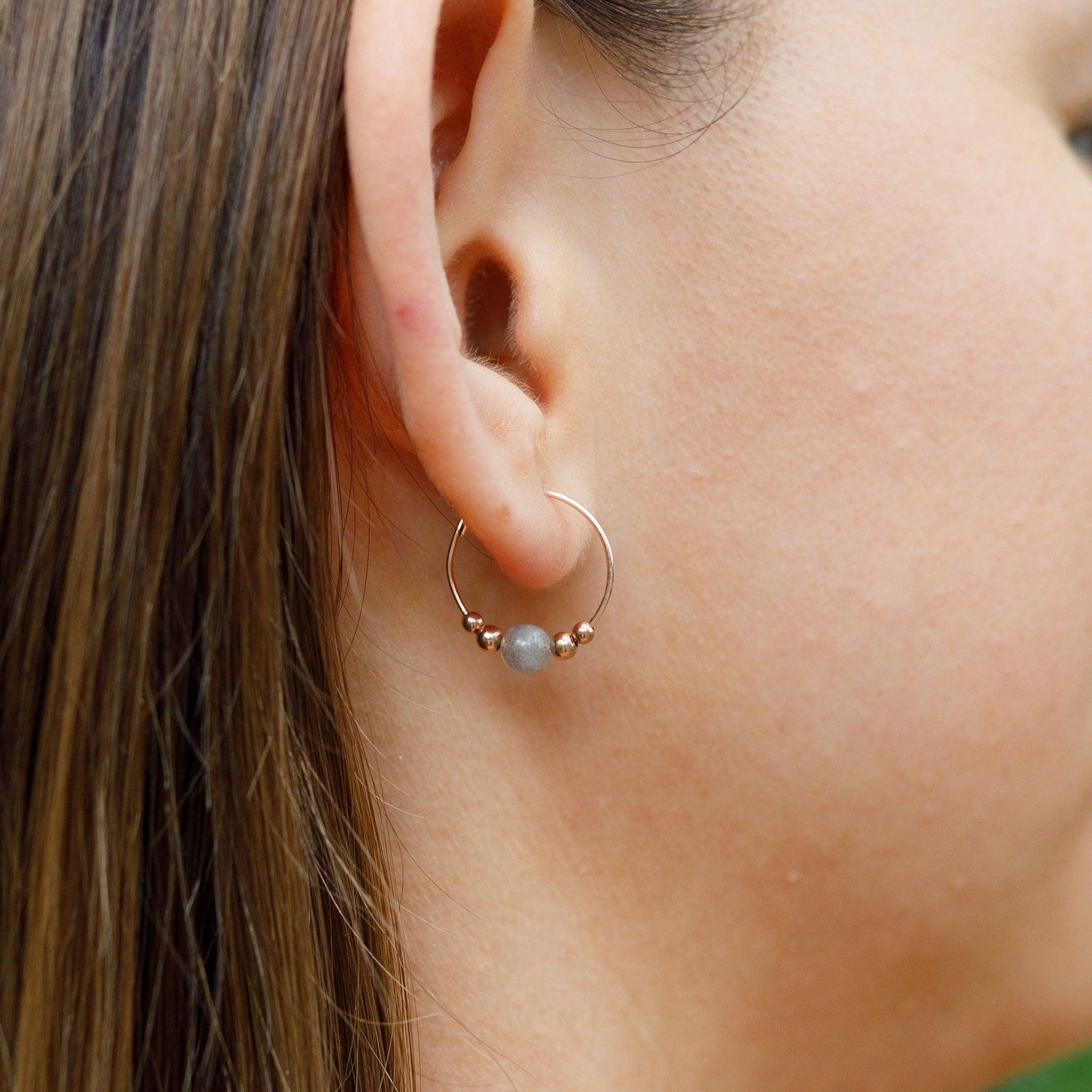 Tiny Labradorite Gemstone Bead Hoop Earrings - Tiny Labradorite Gemstone Bead Hoop Earrings - 14k Gold Fill - Luna Tide Handmade Crystal Jewellery