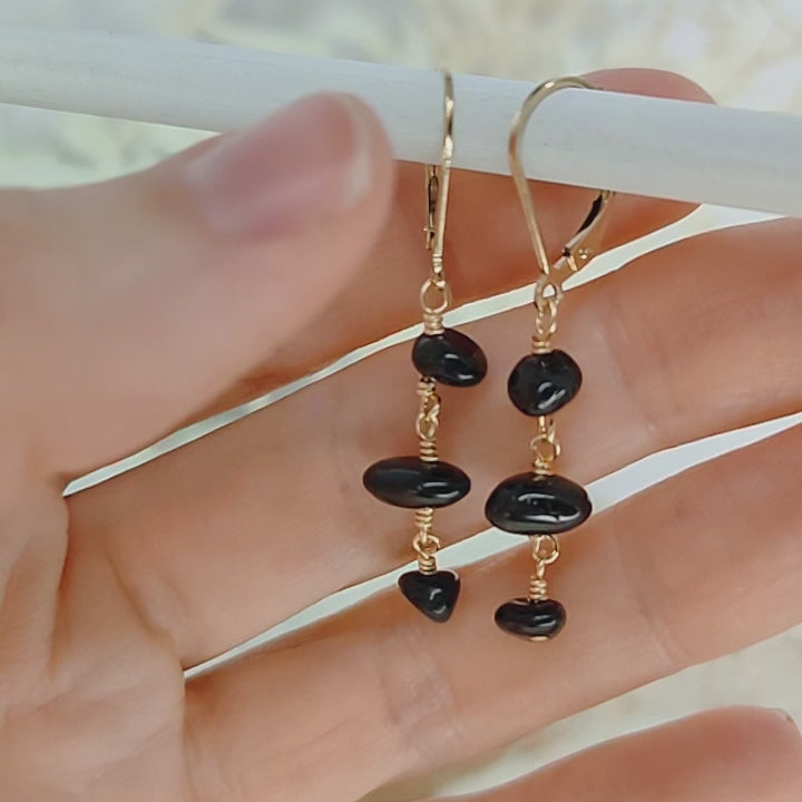 Black Tourmaline Crystal Beaded Chain Dangle Leverback Earrings