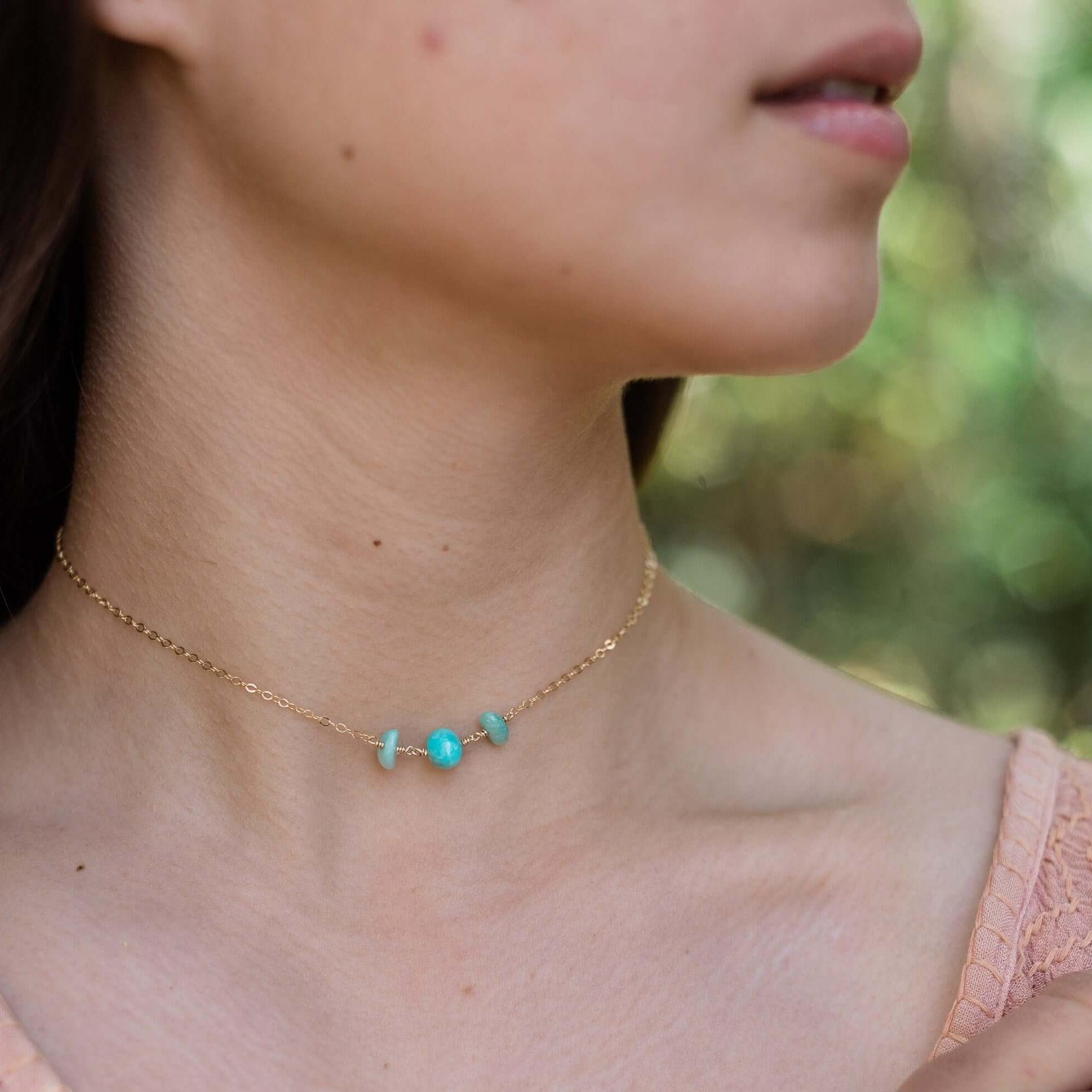 Amazonite Beaded Chain Choker Necklace - Amazonite Beaded Chain Choker Necklace - 14k Gold Fill - Luna Tide Handmade Crystal Jewellery