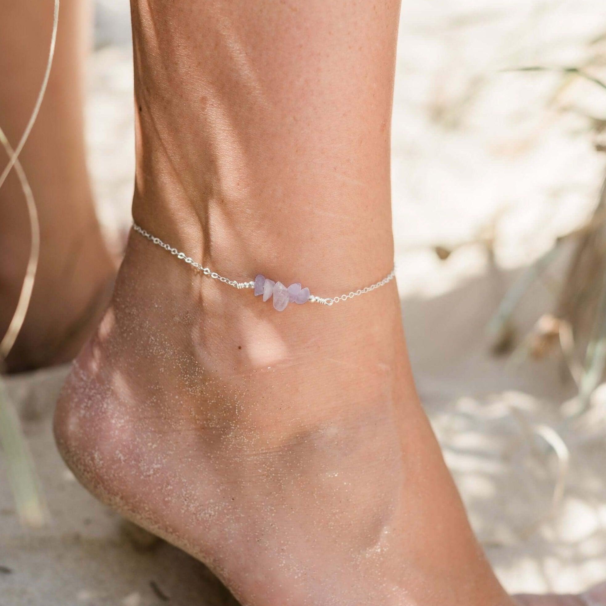 Amethyst Chip Bead Bar Anklet - Amethyst Chip Bead Bar Anklet - Sterling Silver - Luna Tide Handmade Crystal Jewellery