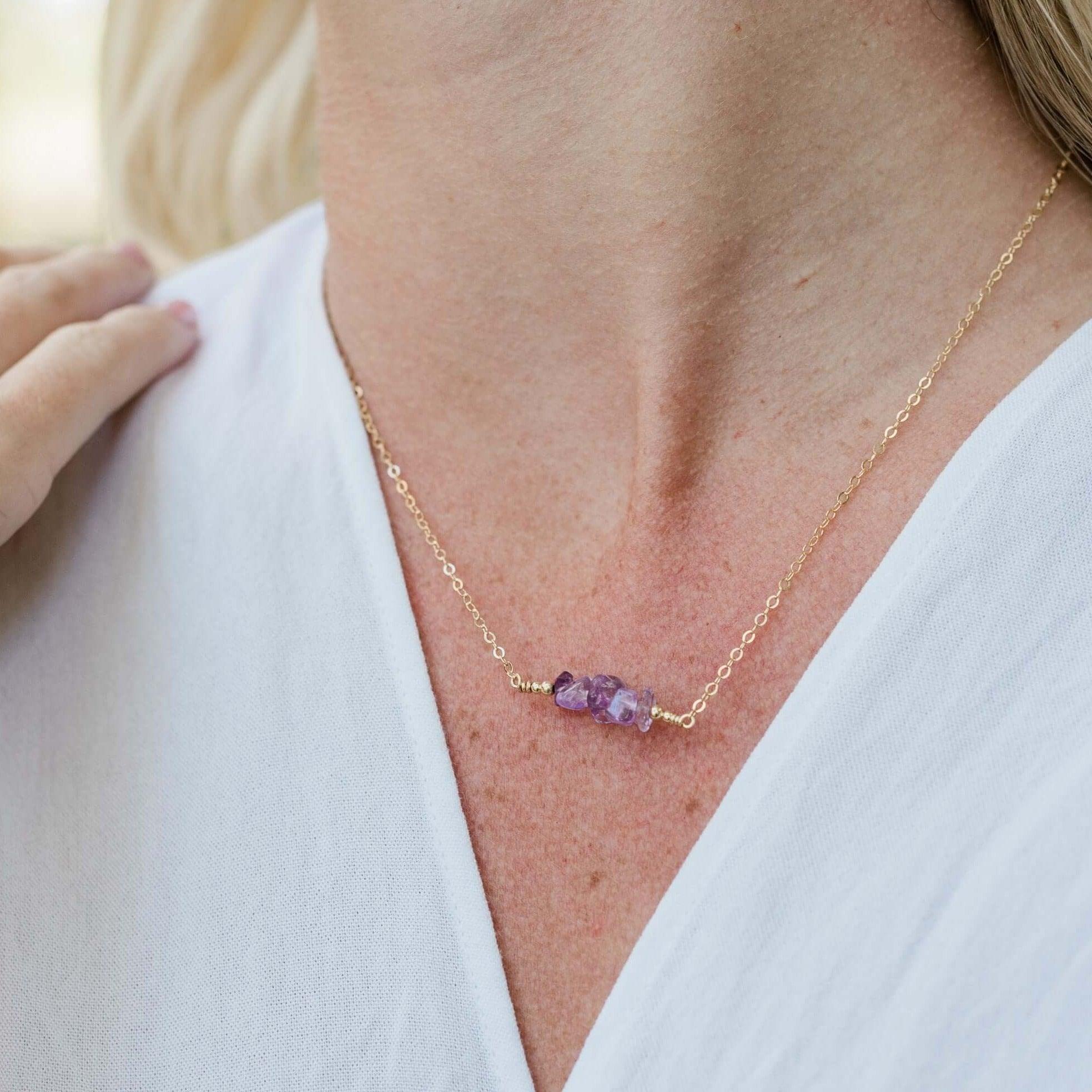 Amethyst Chip Bead Bar Necklace - Amethyst Chip Bead Bar Necklace - Sterling Silver - Luna Tide Handmade Crystal Jewellery