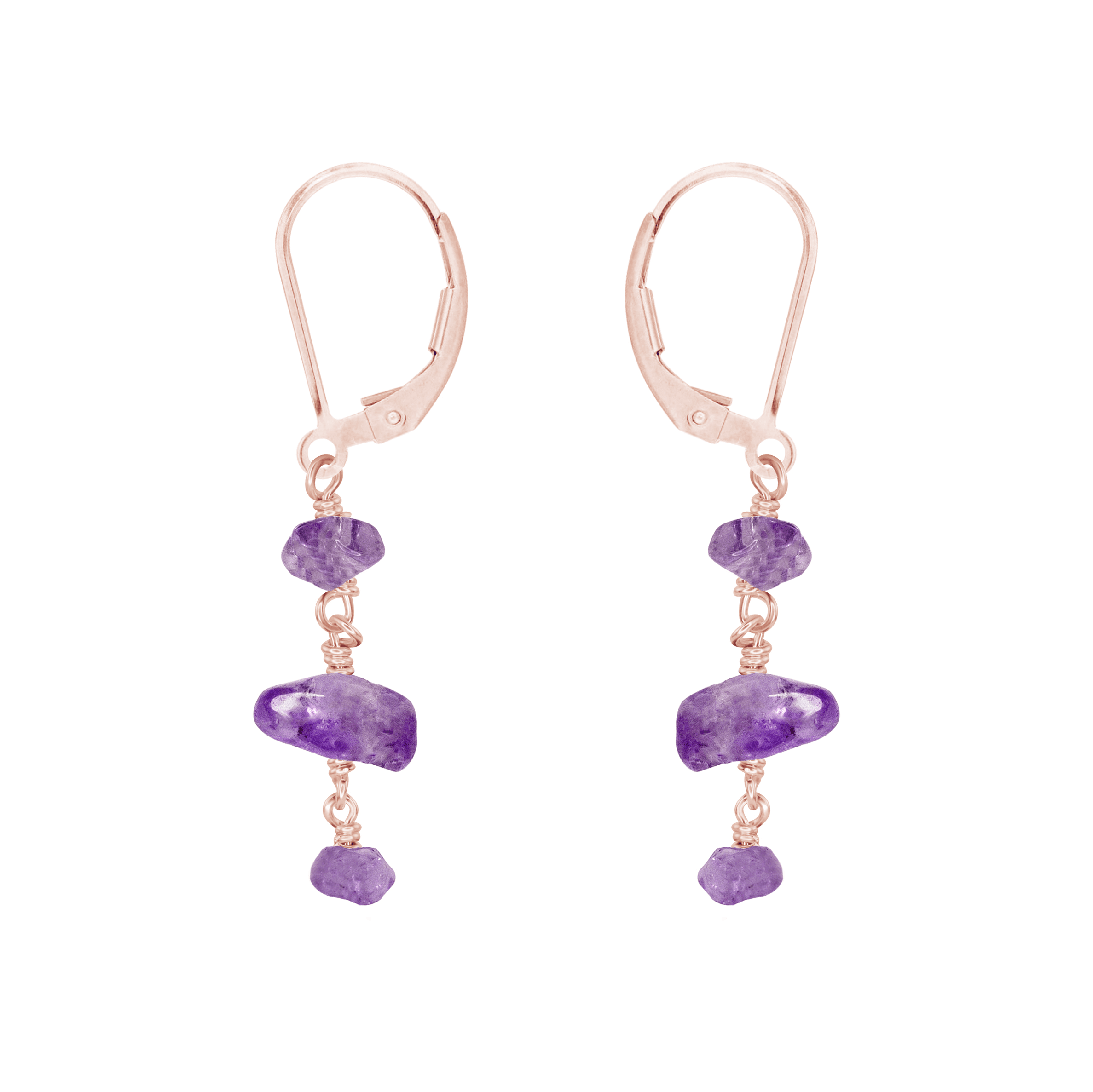 Amethyst Crystal Beaded Chain Dangle Leverback Earrings - Amethyst Crystal Beaded Chain Dangle Leverback Earrings - 14k Rose Gold Fill - Luna Tide Handmade Crystal Jewellery