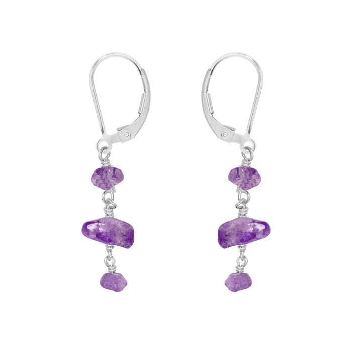 Amethyst Crystal Beaded Chain Dangle Leverback Earrings - Amethyst Crystal Beaded Chain Dangle Leverback Earrings - Sterling Silver - Luna Tide Handmade Crystal Jewellery