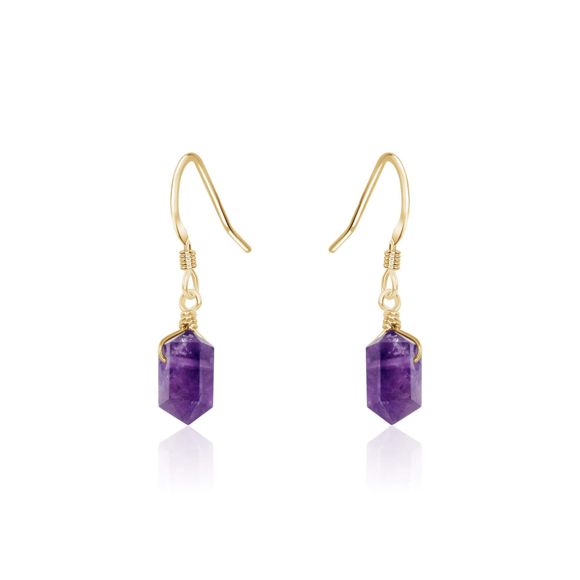 Amethyst Mini Double Terminated Crystal Point Dangle Drop Earrings - Amethyst Mini Double Terminated Crystal Point Dangle Drop Earrings - 14k Gold Fill - Luna Tide Handmade Crystal Jewellery