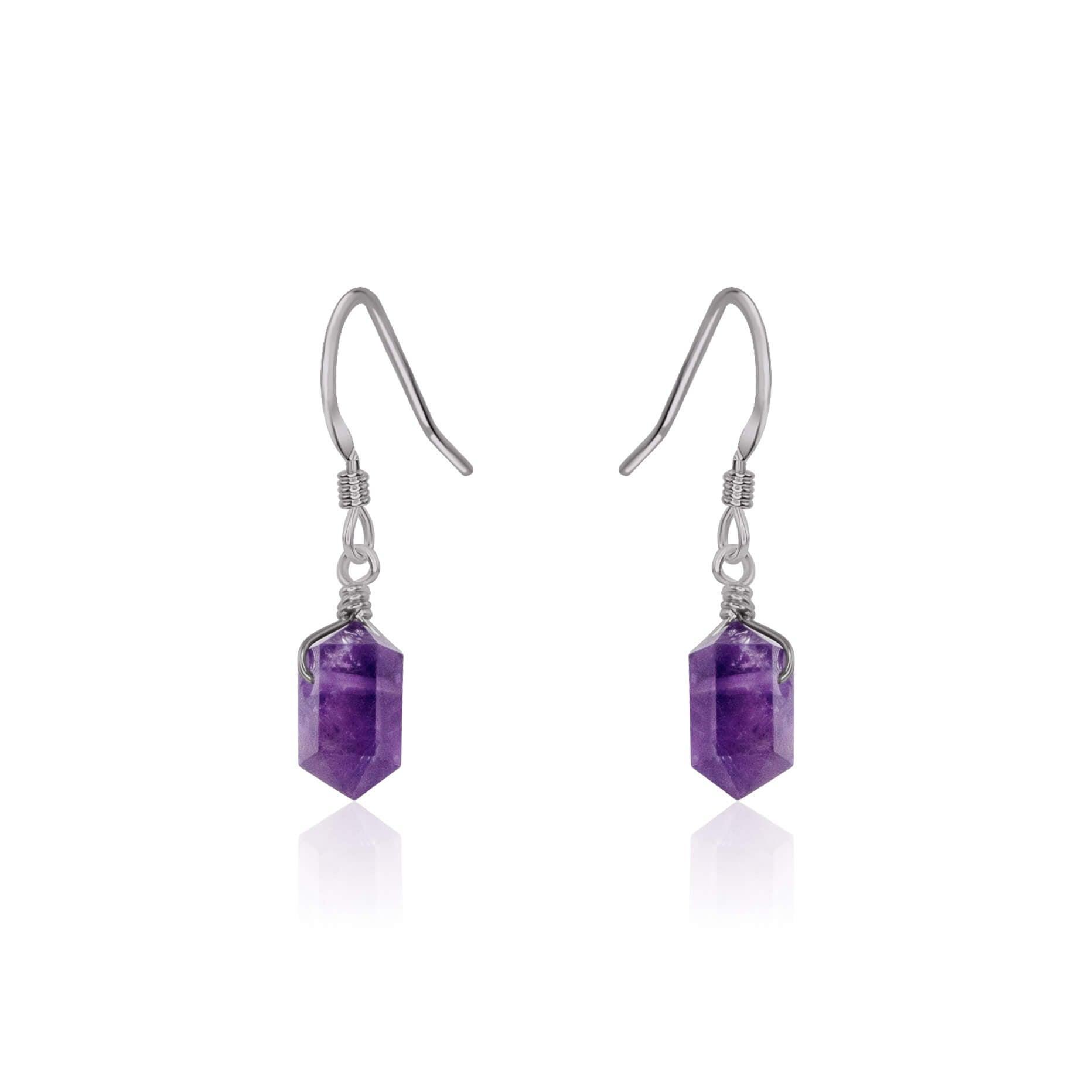 Amethyst Mini Double Terminated Crystal Point Dangle Drop Earrings - Amethyst Mini Double Terminated Crystal Point Dangle Drop Earrings - Stainless Steel - Luna Tide Handmade Crystal Jewellery
