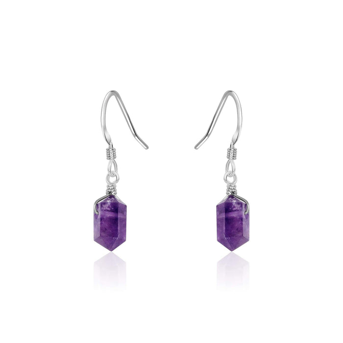 Amethyst Mini Double Terminated Crystal Point Dangle Drop Earrings - Amethyst Mini Double Terminated Crystal Point Dangle Drop Earrings - Sterling Silver - Luna Tide Handmade Crystal Jewellery