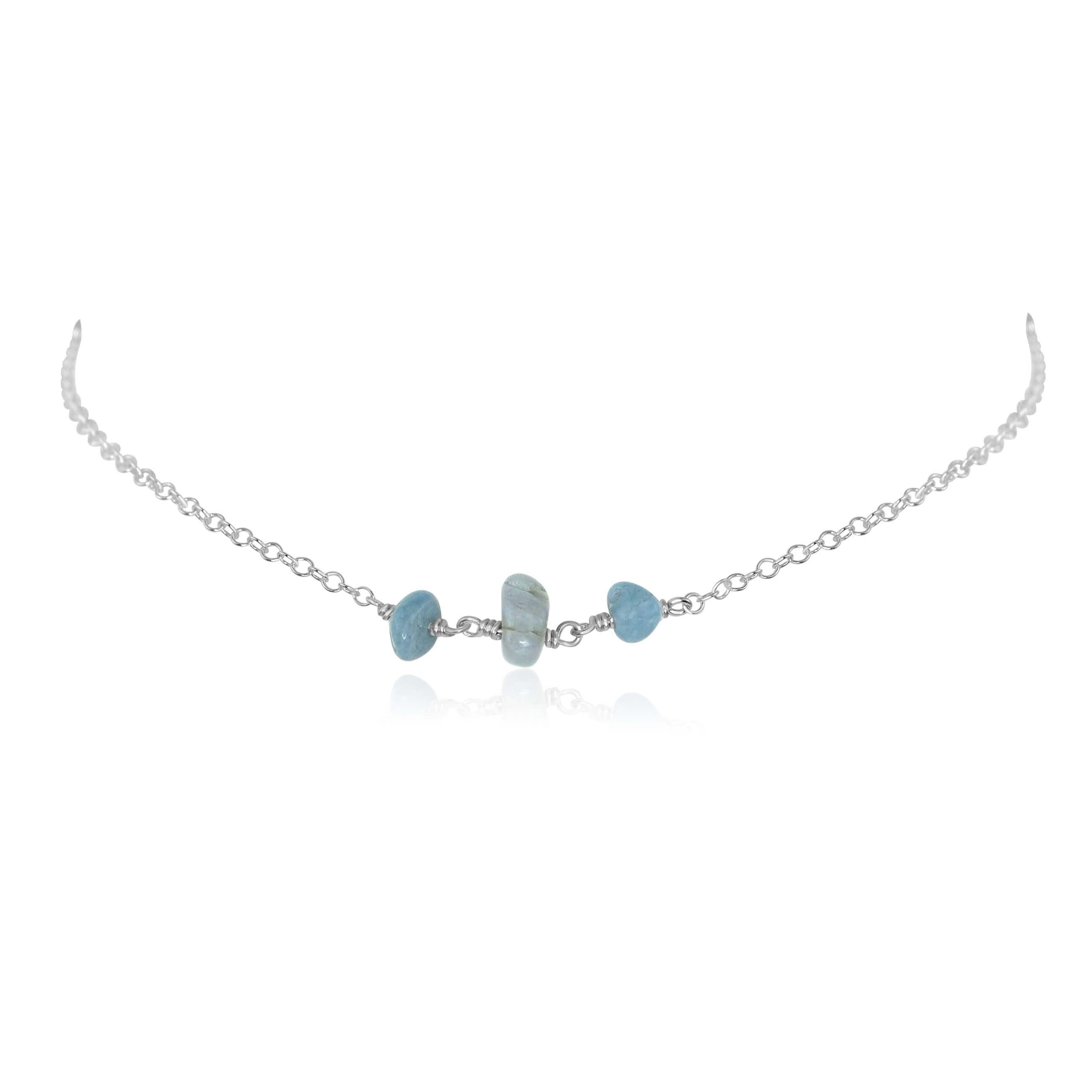 Aquamarine Beaded Chain Choker Necklace - Aquamarine Beaded Chain Choker Necklace - Sterling Silver - Luna Tide Handmade Crystal Jewellery